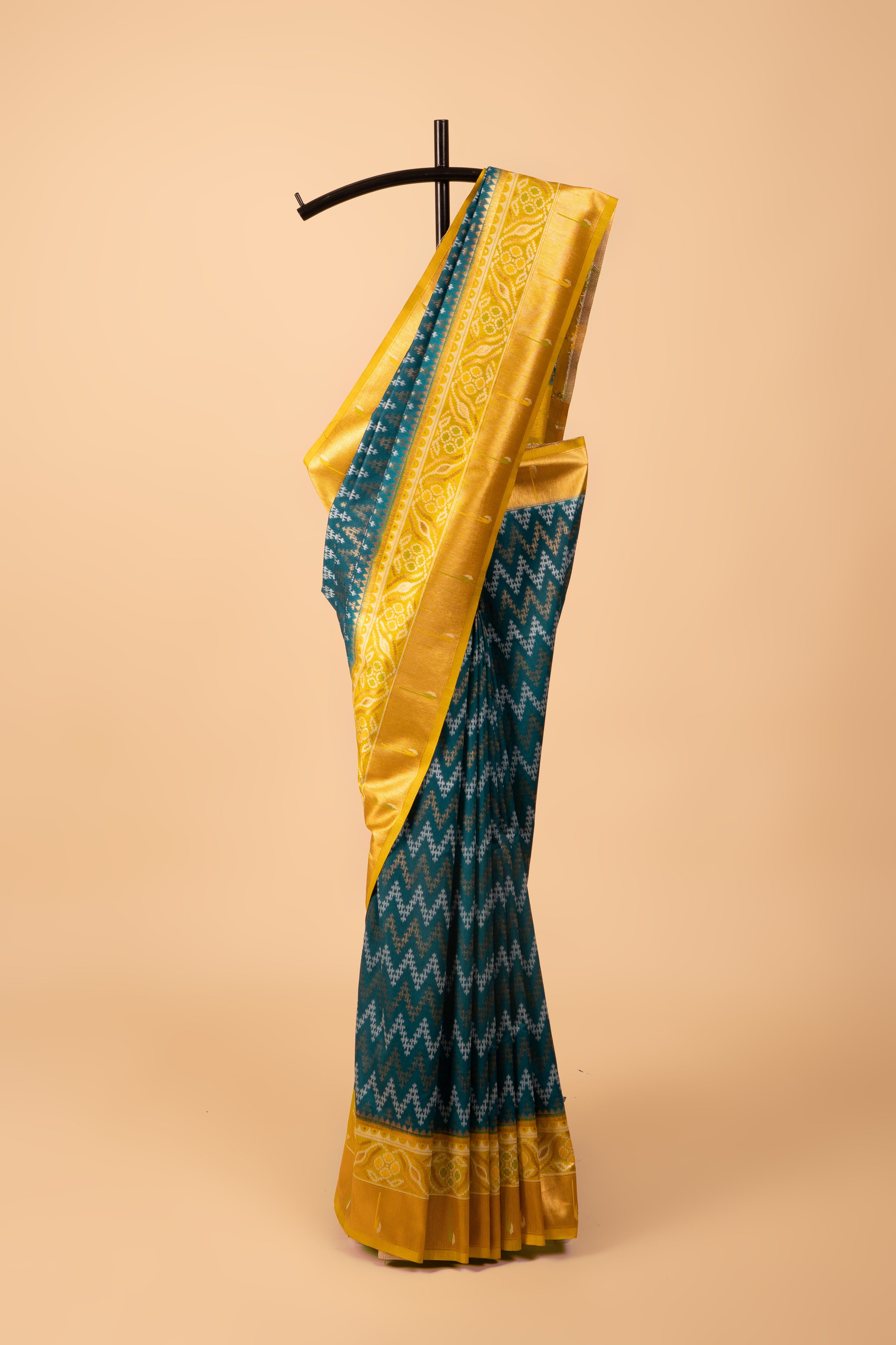 Rama Green Tussar Silk Patola Saree with contrast Yellow border