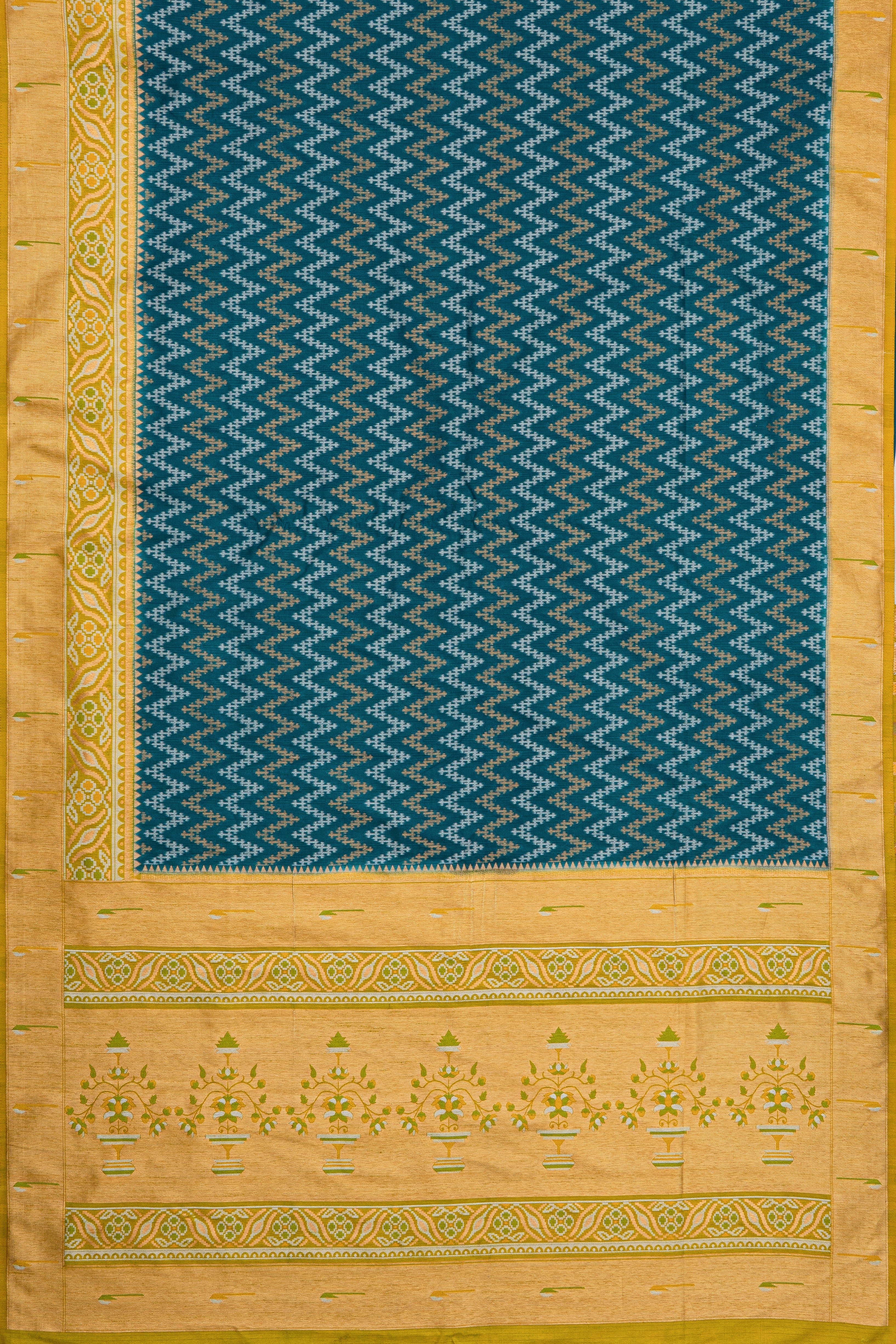 Rama Green Tussar Silk Patola Saree with contrast Yellow border