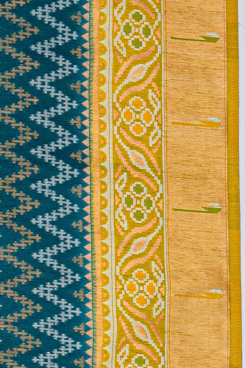 Rama Green Tussar Silk Patola Saree with contrast Yellow border