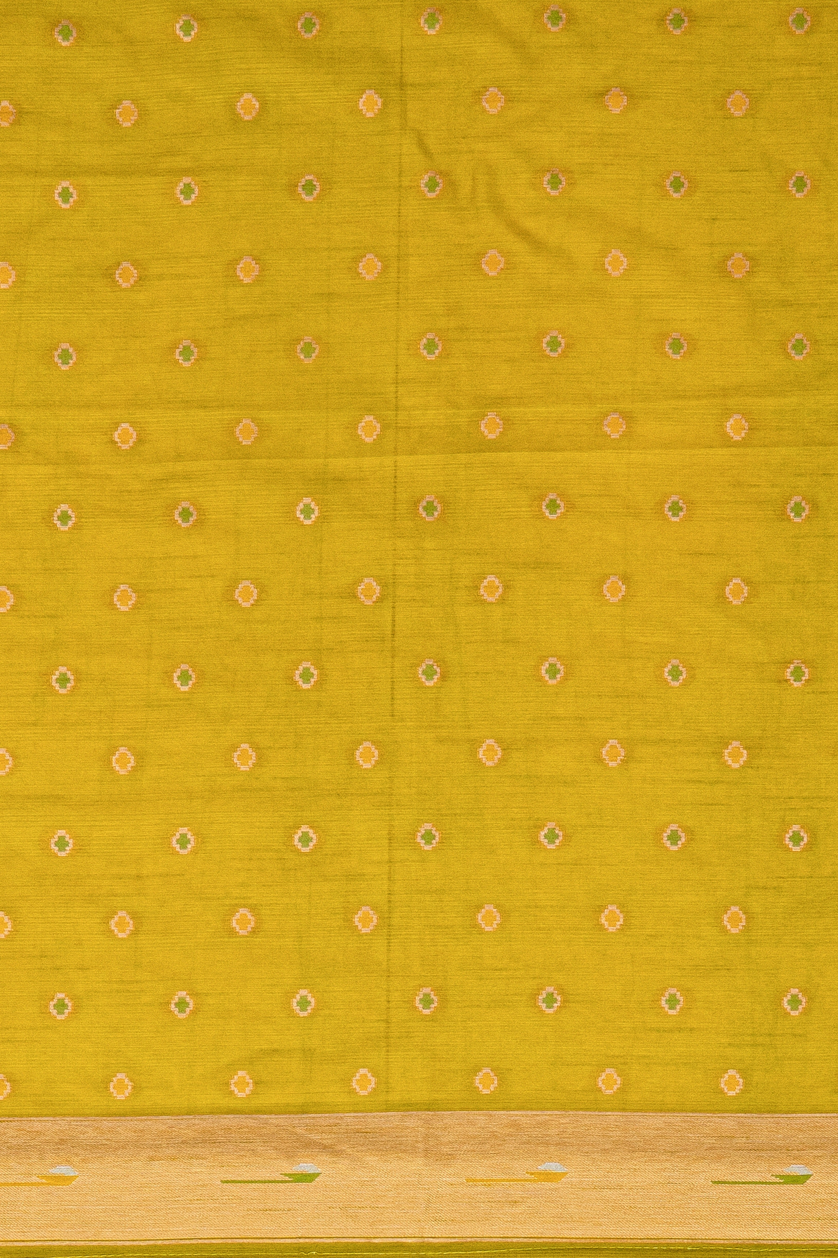Rama Green Tussar Silk Patola Saree with contrast Yellow border
