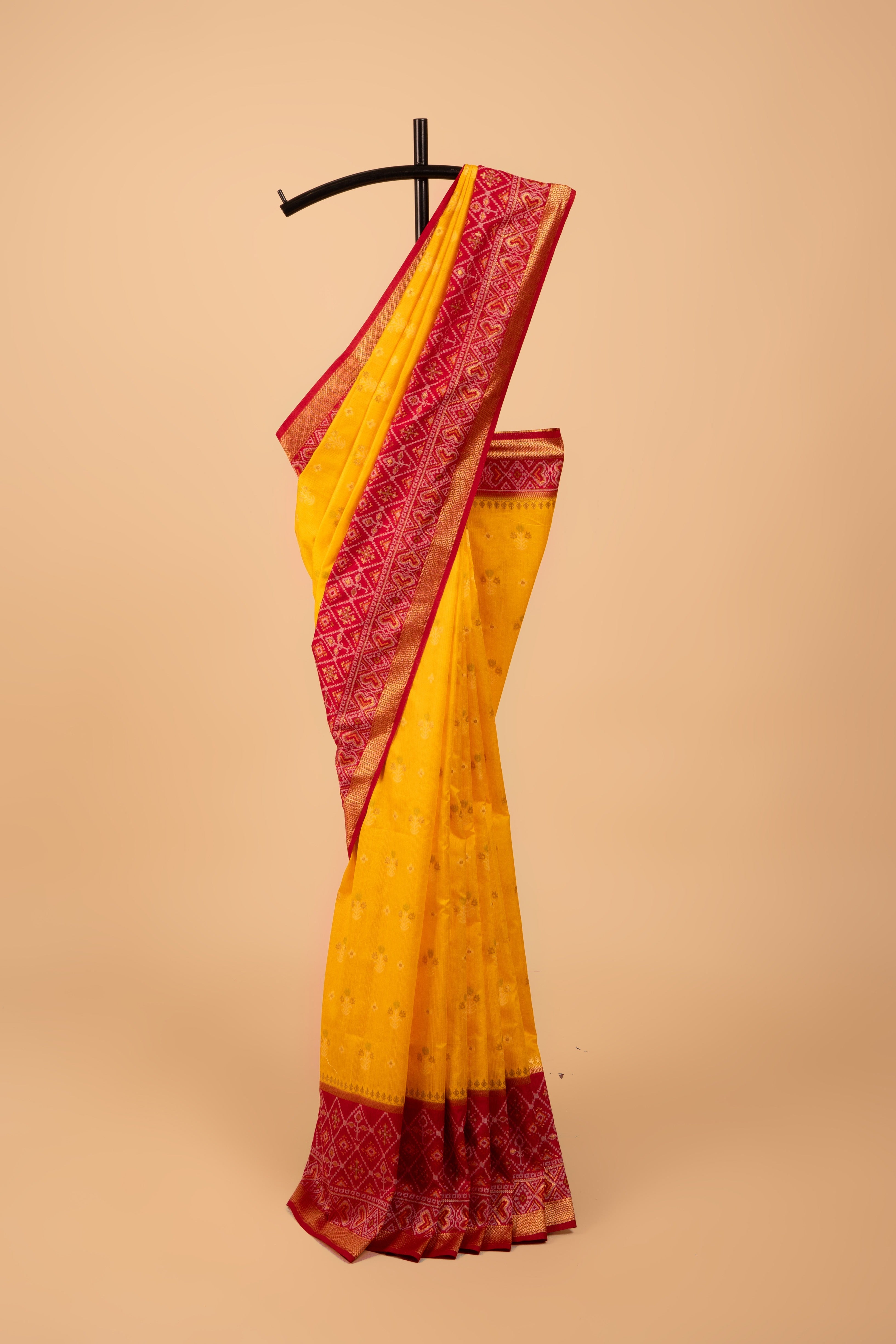 Mustard Yellow Tussar Silk Patola Saree with contrast Red border