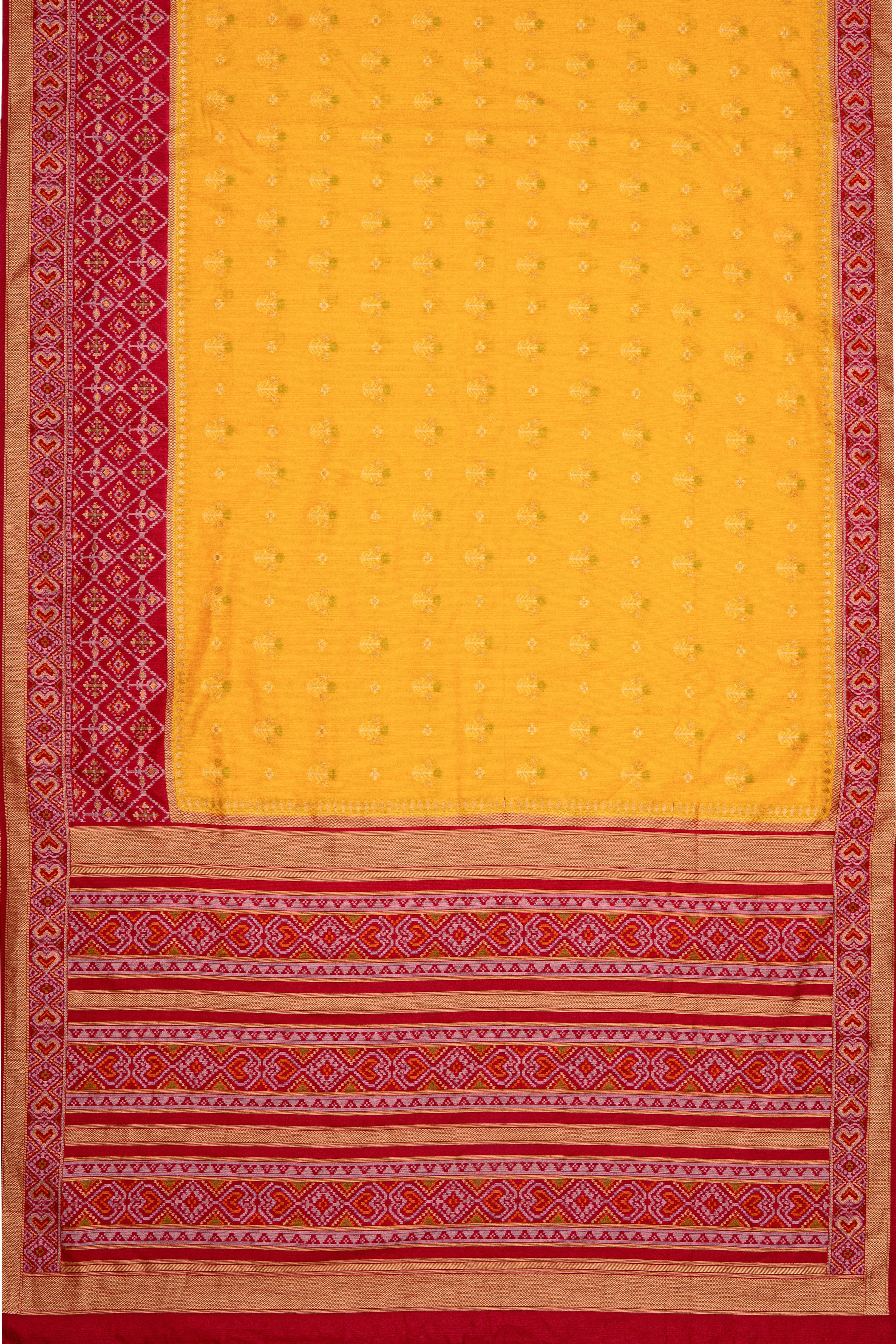 Mustard Yellow Tussar Silk Patola Saree with contrast Red border