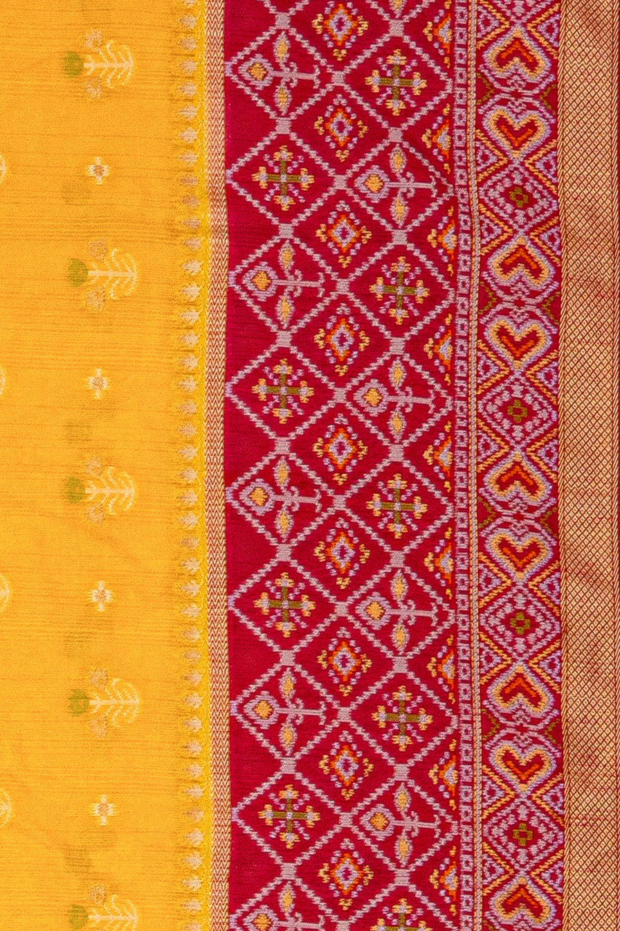Mustard Yellow Tussar Silk Patola Saree with contrast Red border