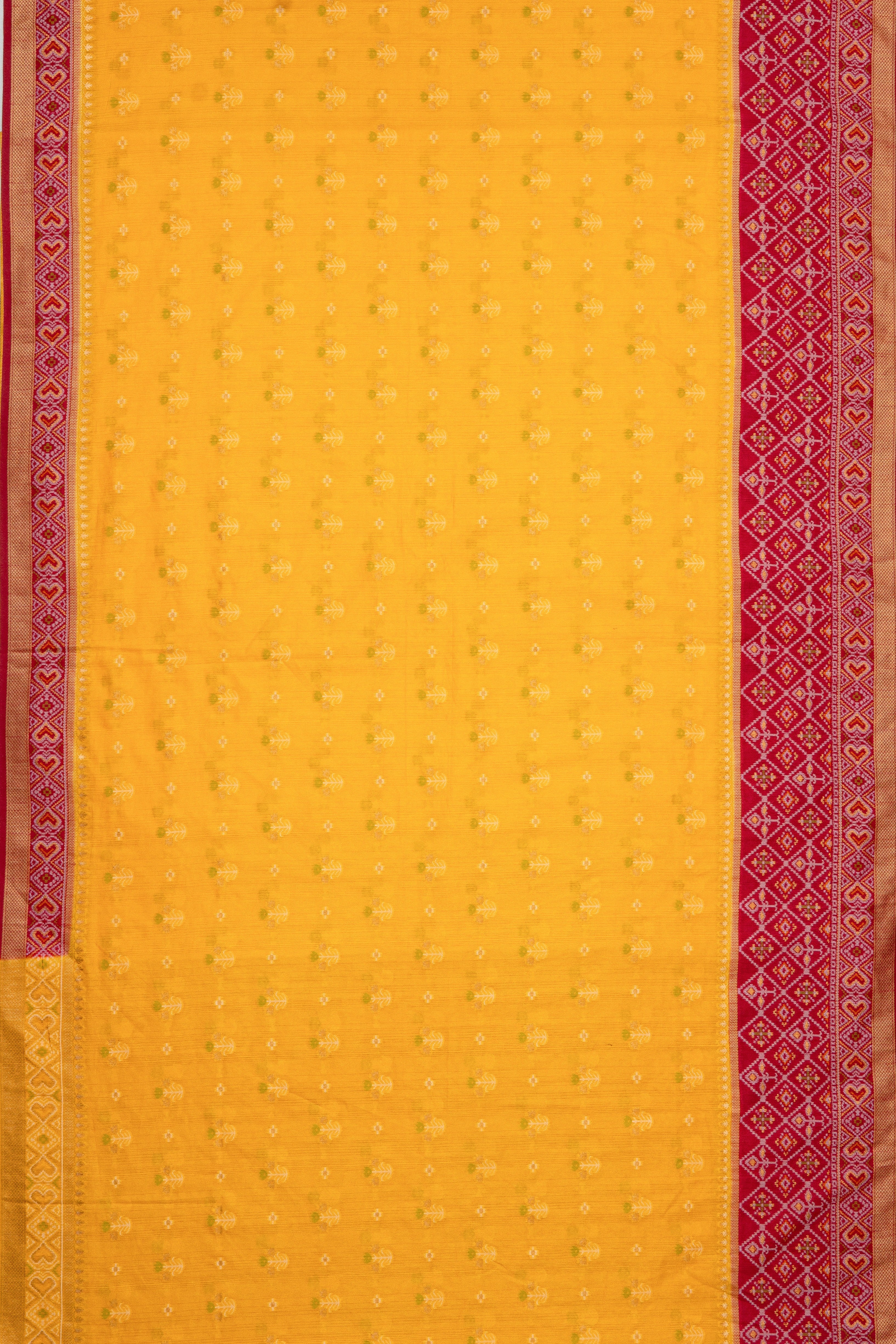 Mustard Yellow Tussar Silk Patola Saree with contrast Red border