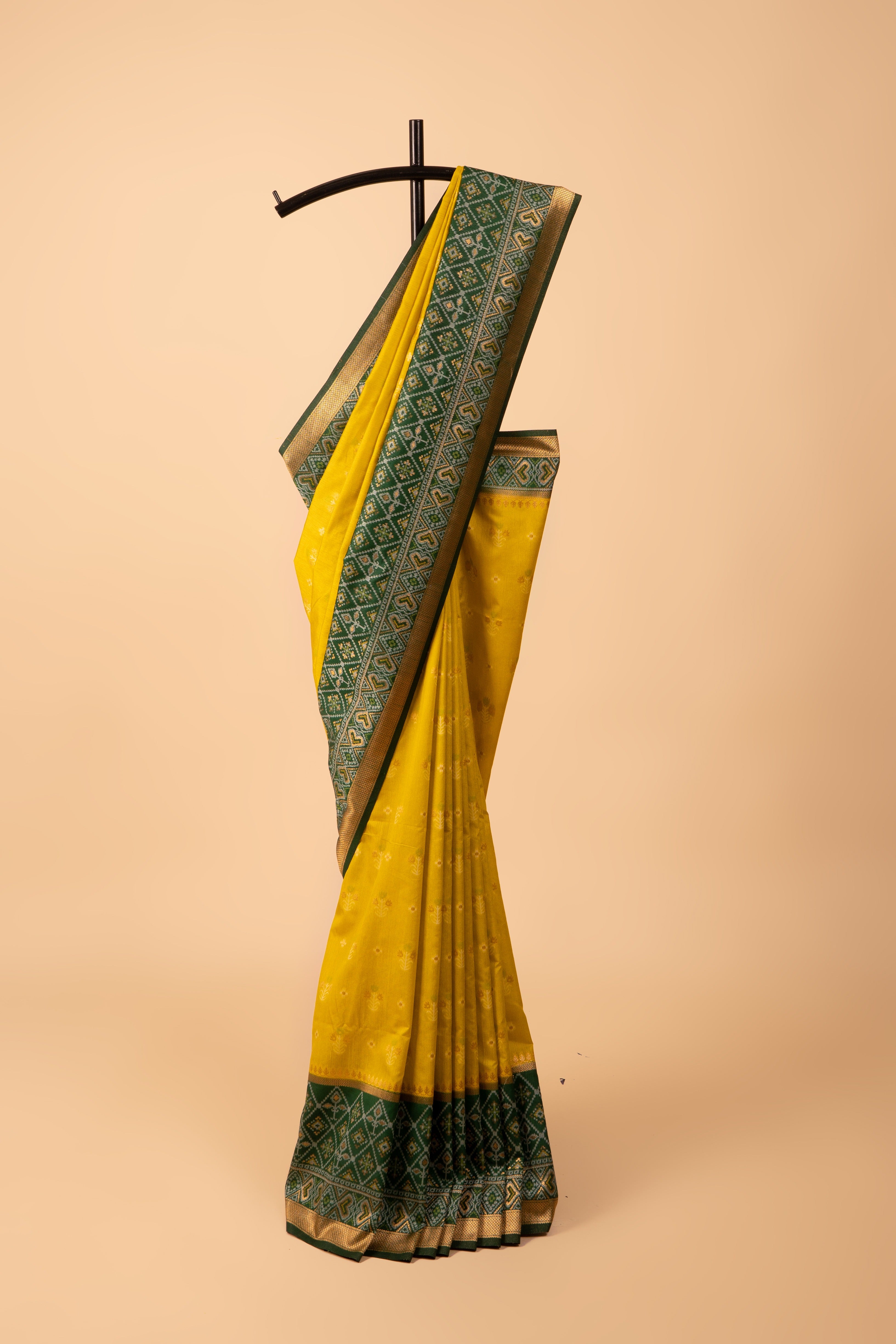 Mehndi Green Tussar Silk Patola Saree with contrast Dark Green border