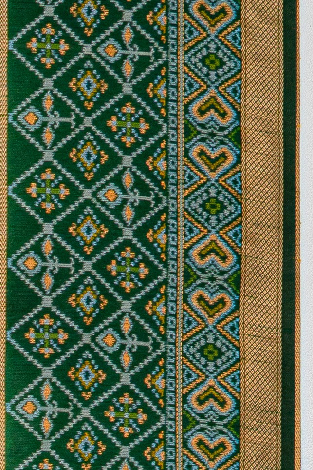 Mehndi Green Tussar Silk Patola Saree with contrast Dark Green border