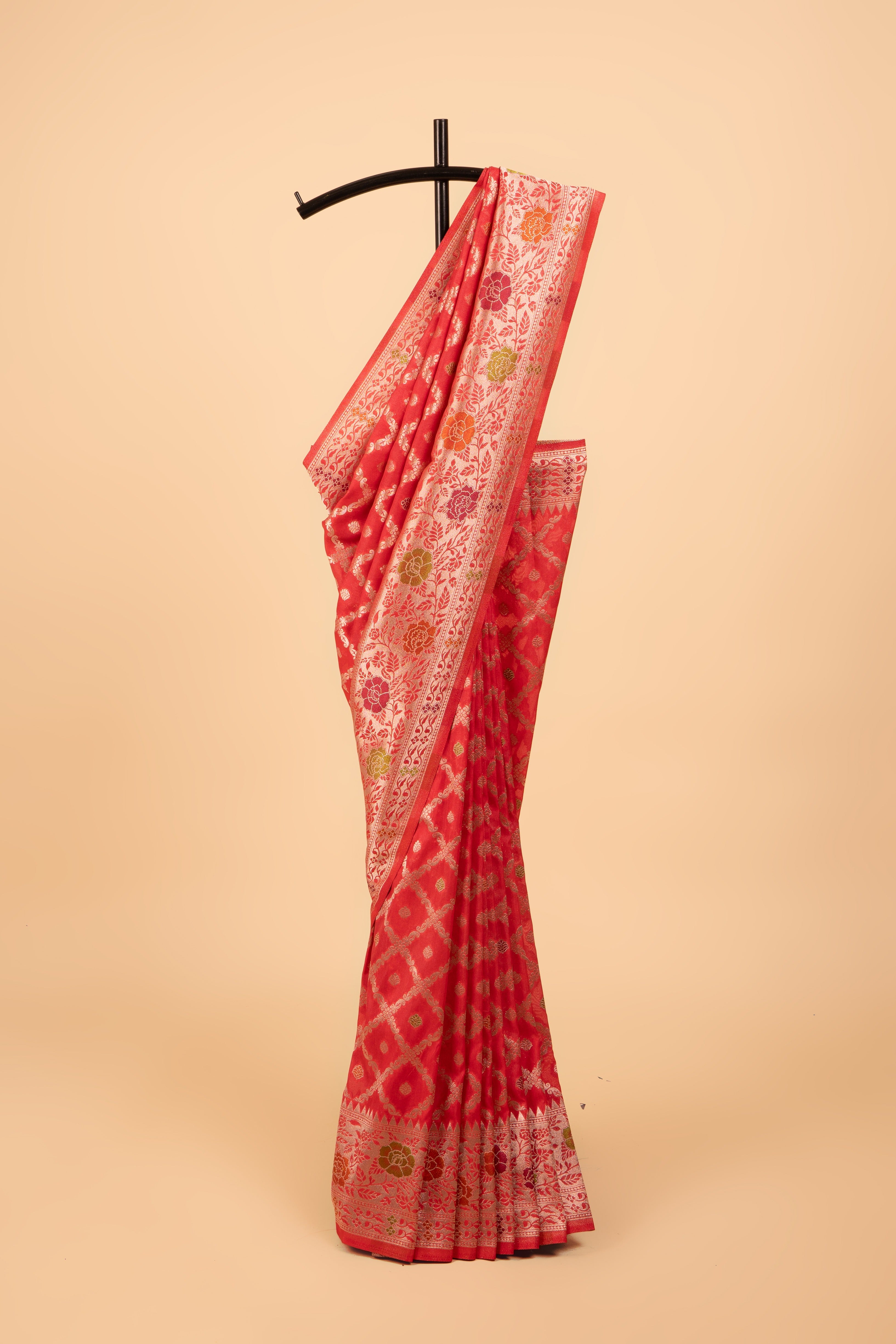 Cherry Red Georgette Saree with Silver Zariwork