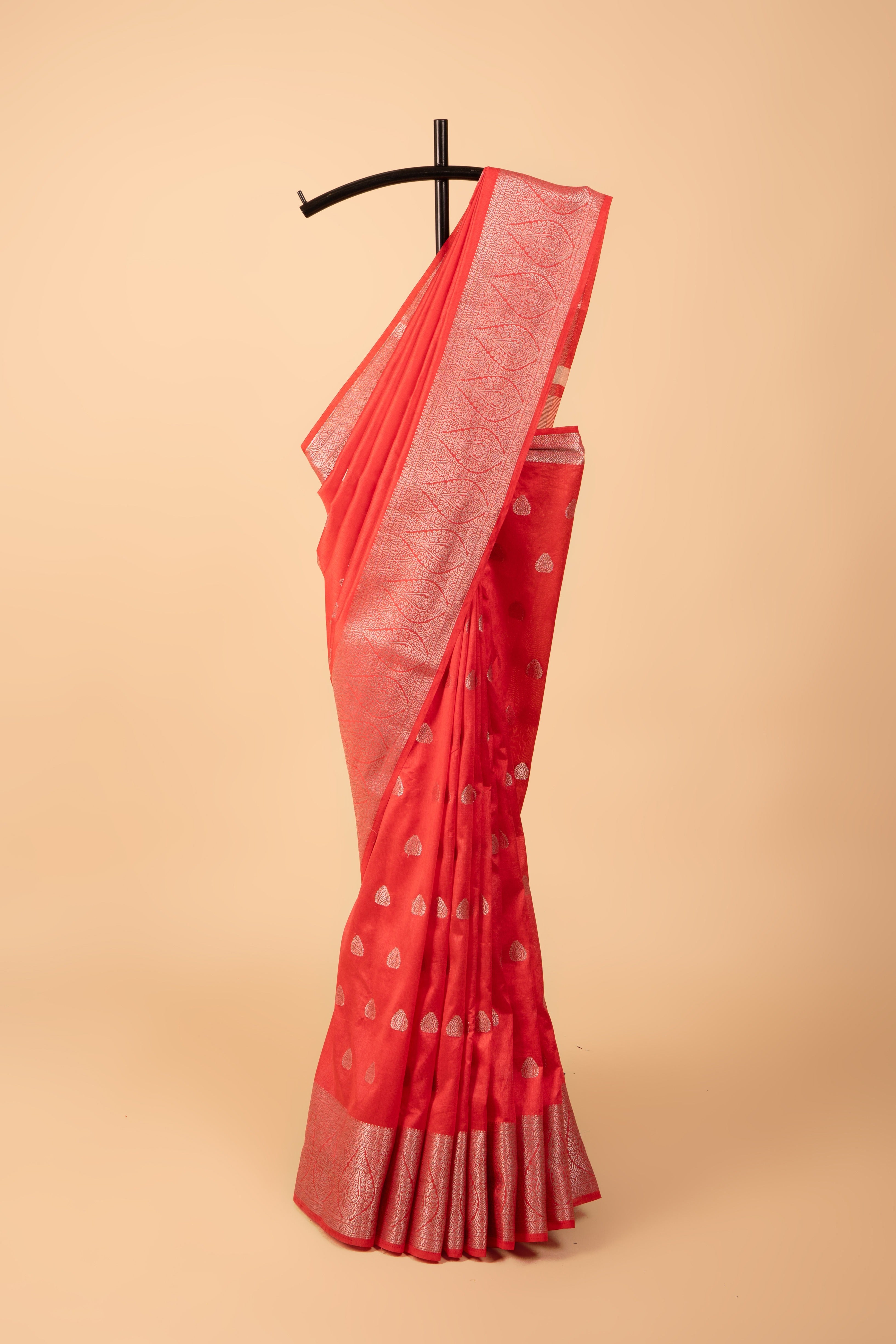 Red Raw Silk Banarasi Saree with Silver Zariwork
