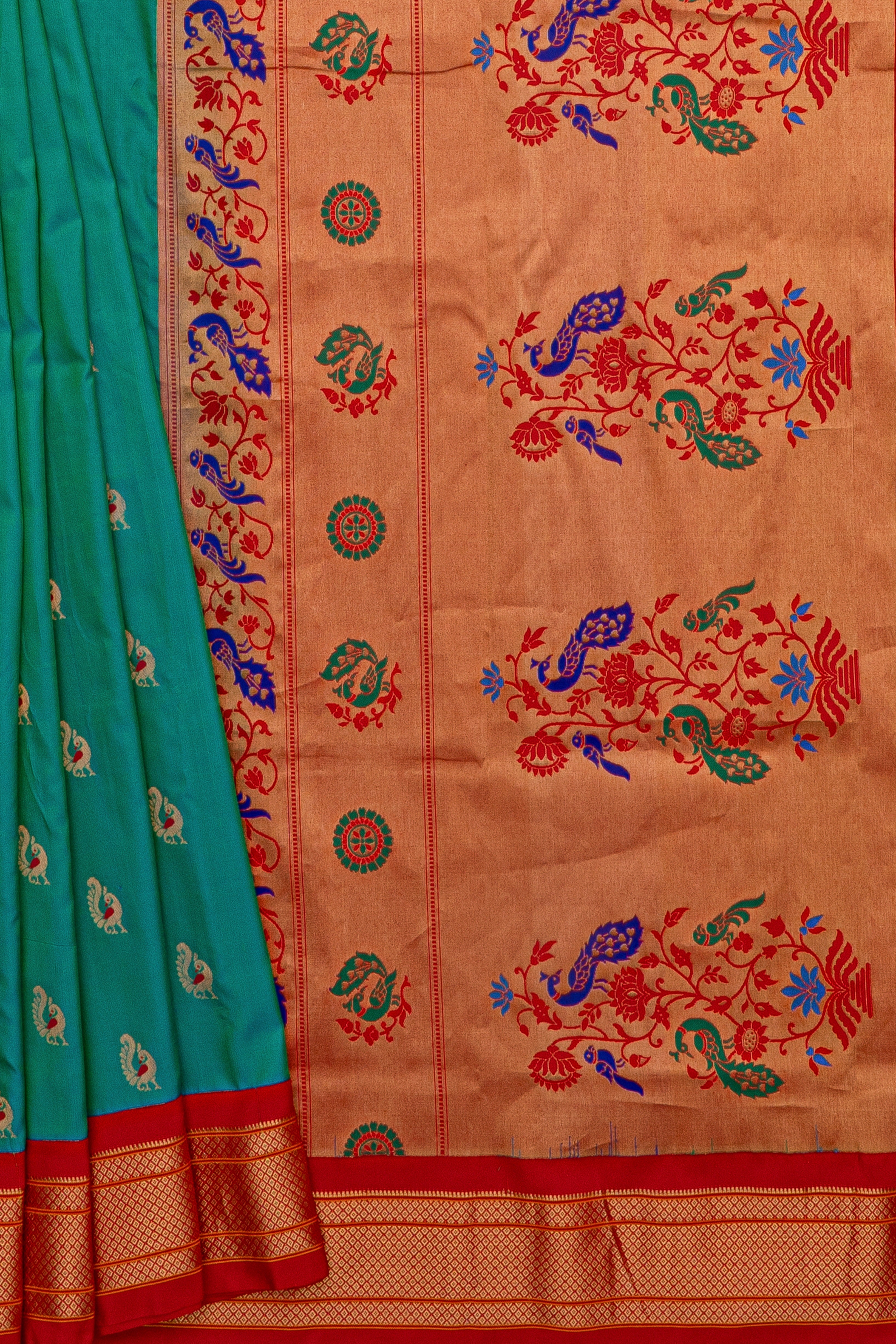 Sea Green Pure Silk Kadiyal Paithani Saree with contrast Red Chattai border and Peacock motifs