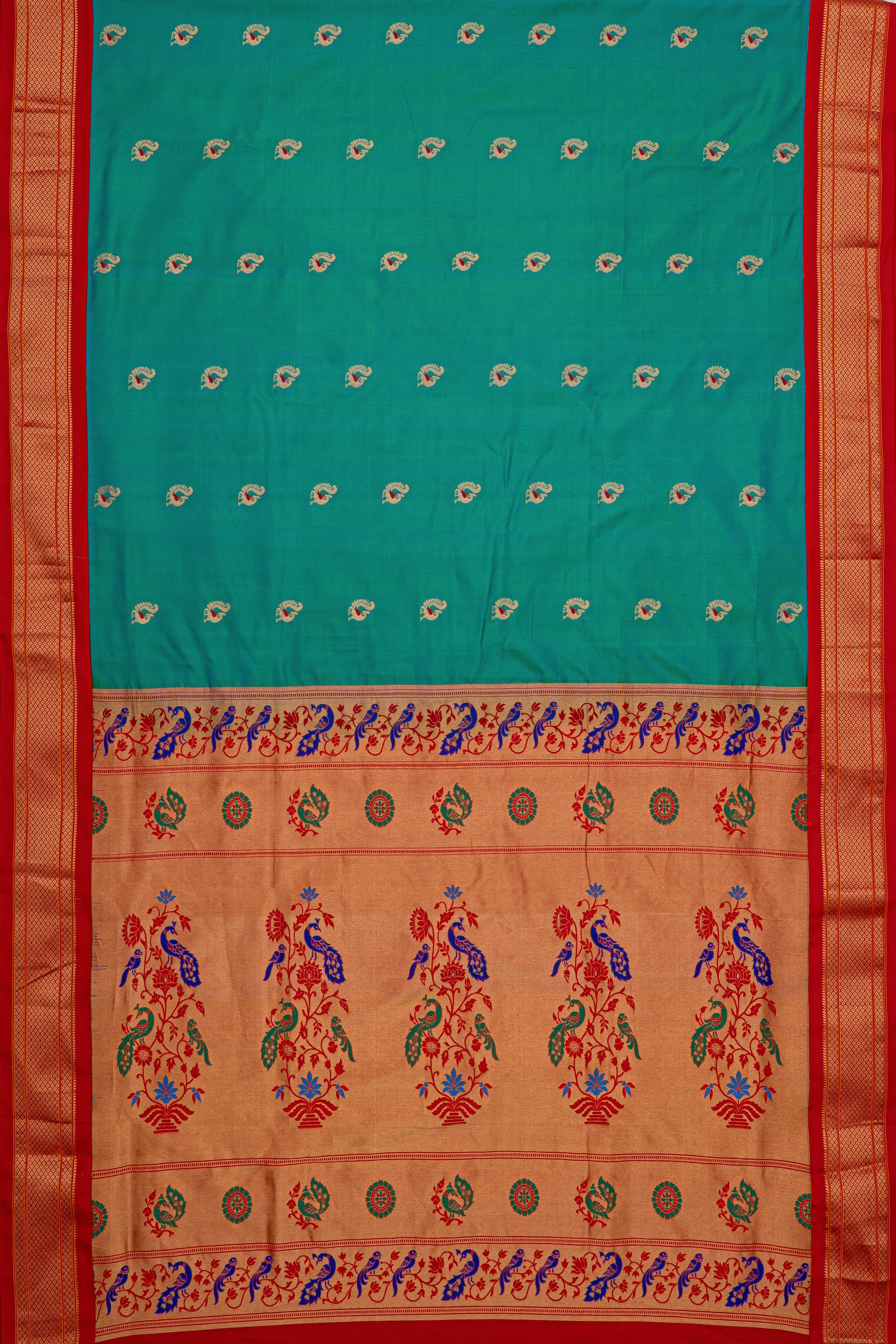 Sea Green Pure Silk Kadiyal Paithani Saree with contrast Red Chattai border and Peacock motifs