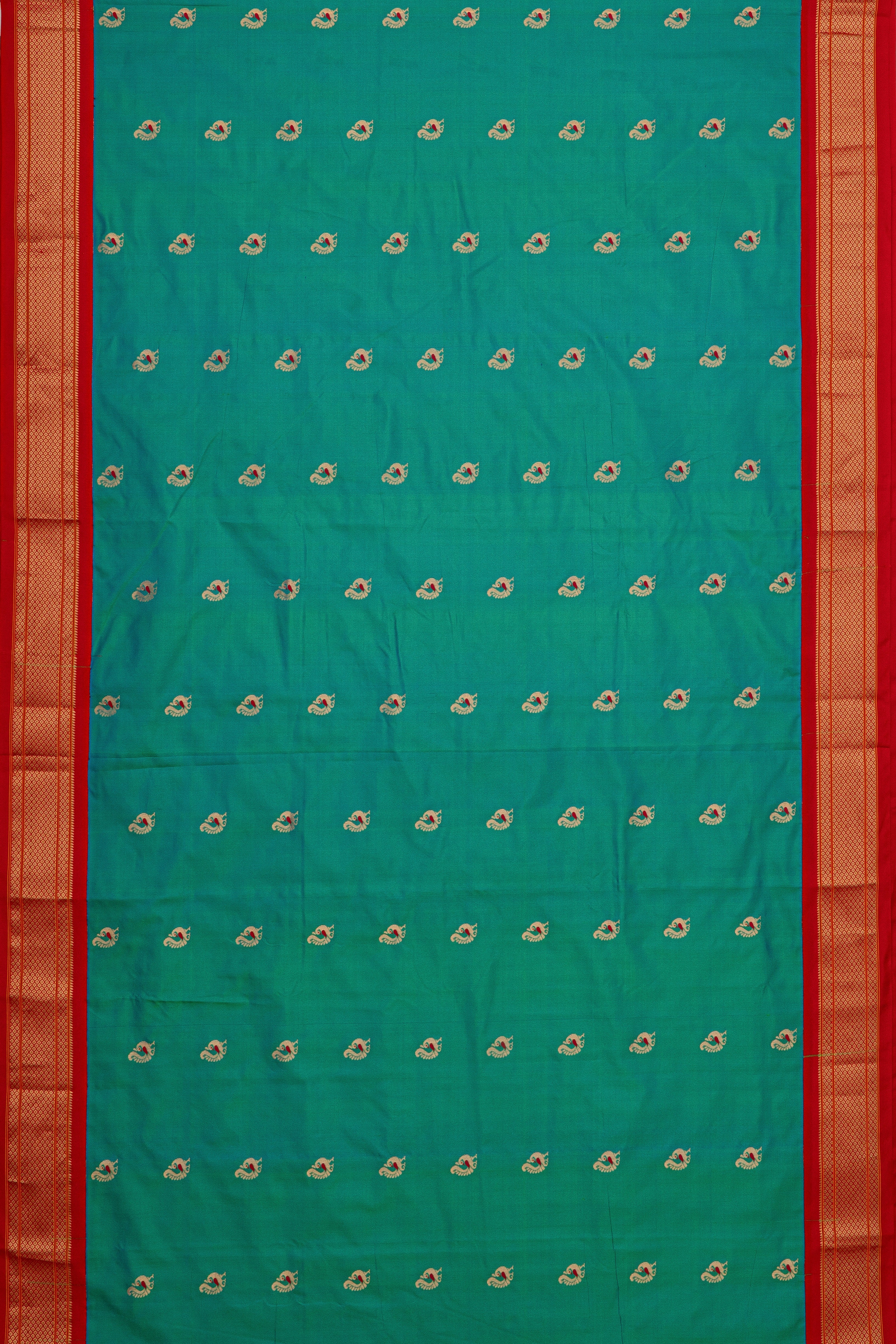 Sea Green Pure Silk Kadiyal Paithani Saree with contrast Red Chattai border and Peacock motifs