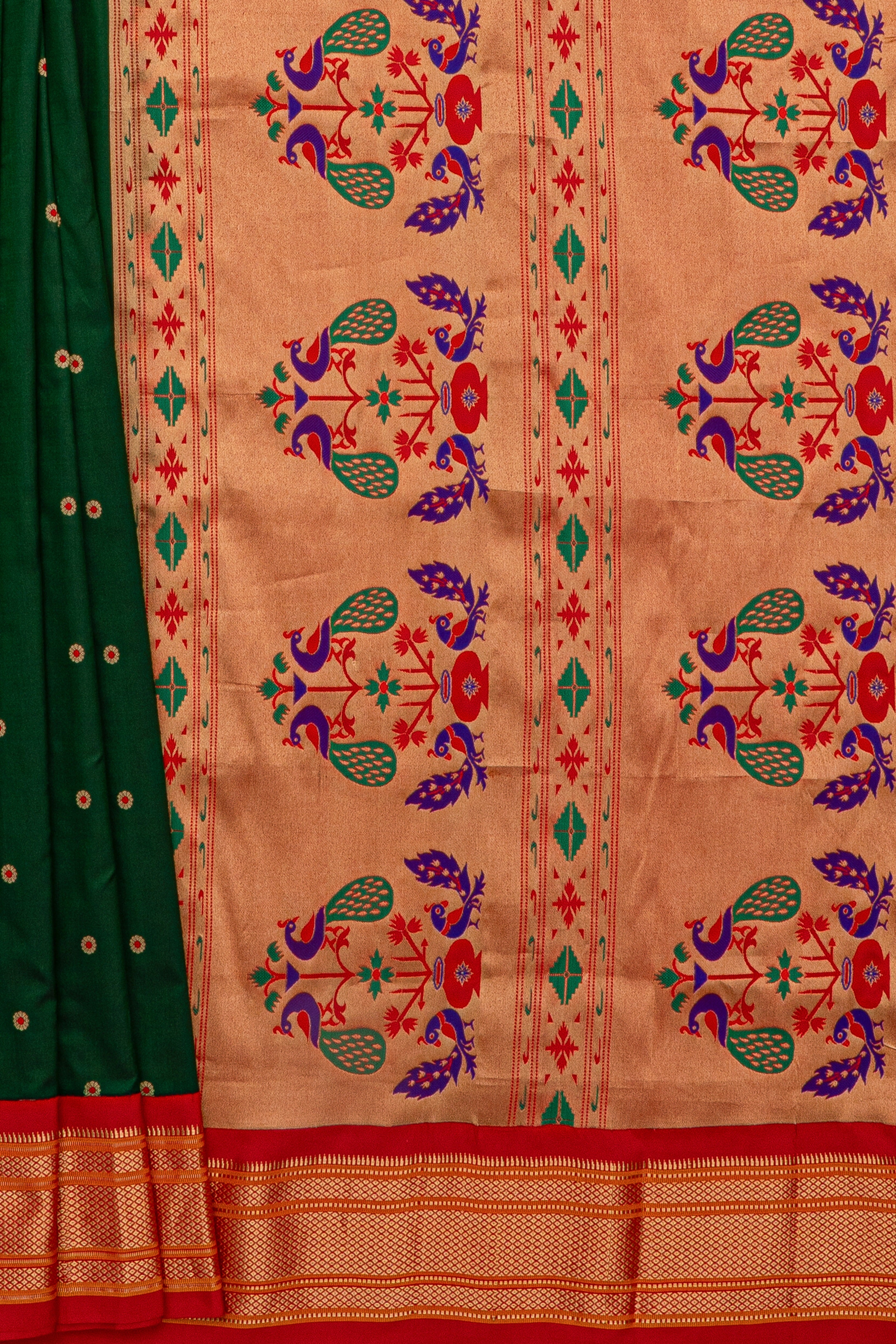 Bottle Green Pure Silk Kadiyal Paithani with contrast Red Chattai border