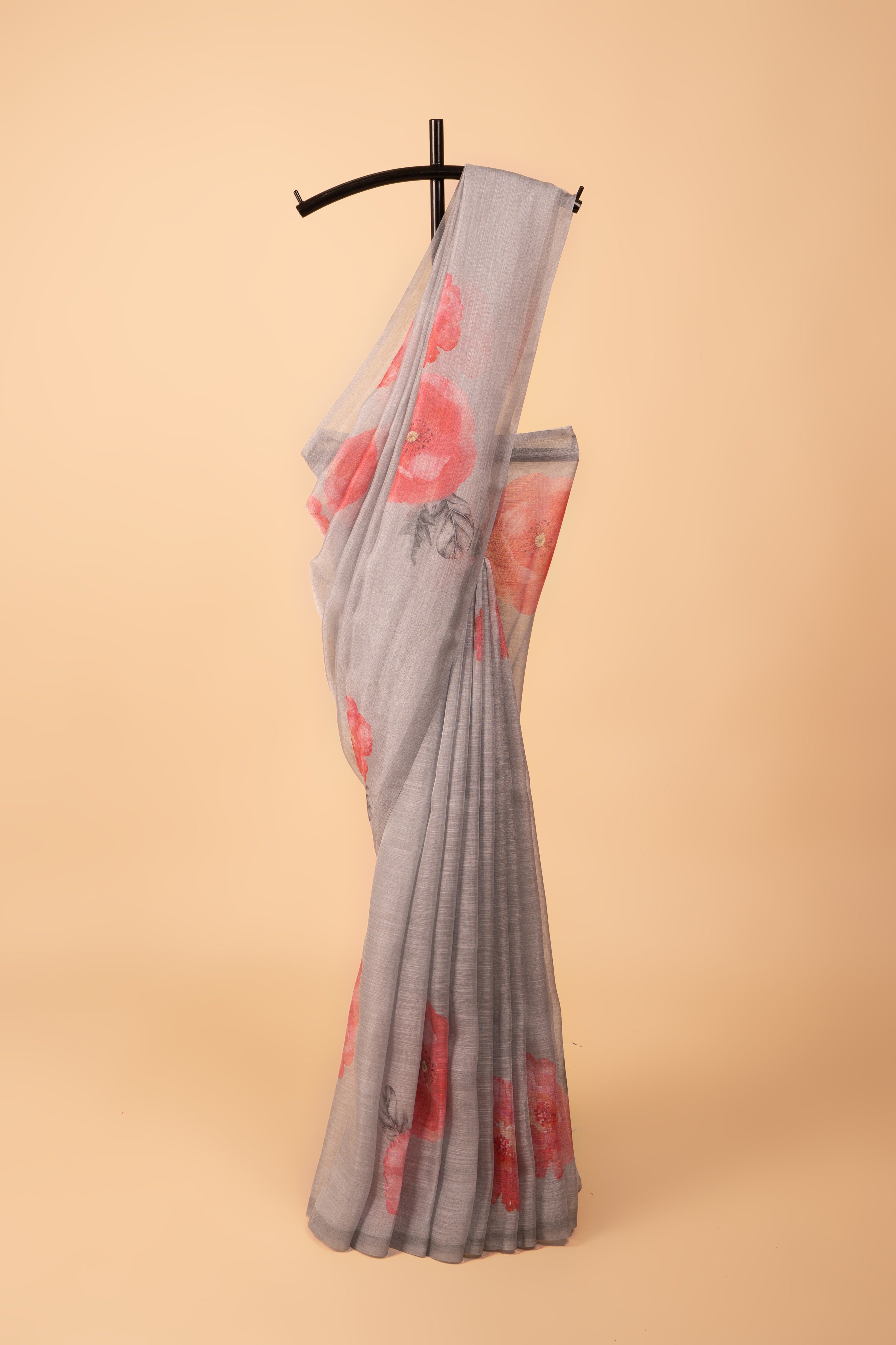 Grey Tussar Silk Saree with Floral print