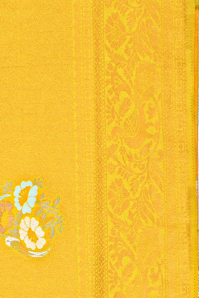 Yellow Soft Silk Saree with Floral motifs