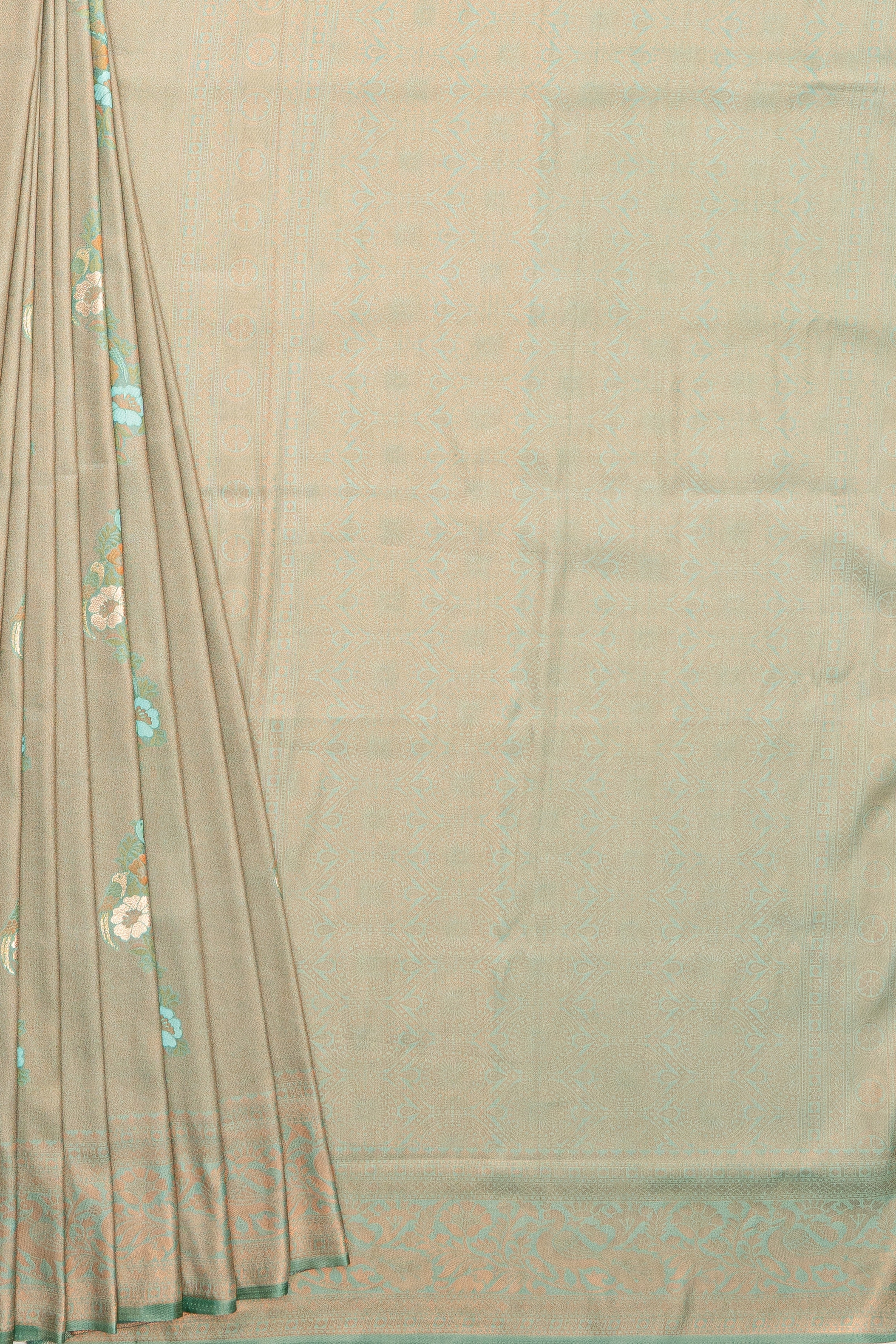 Dhoop Chaon Green and Copper Soft Silk Saree with Floral motifs