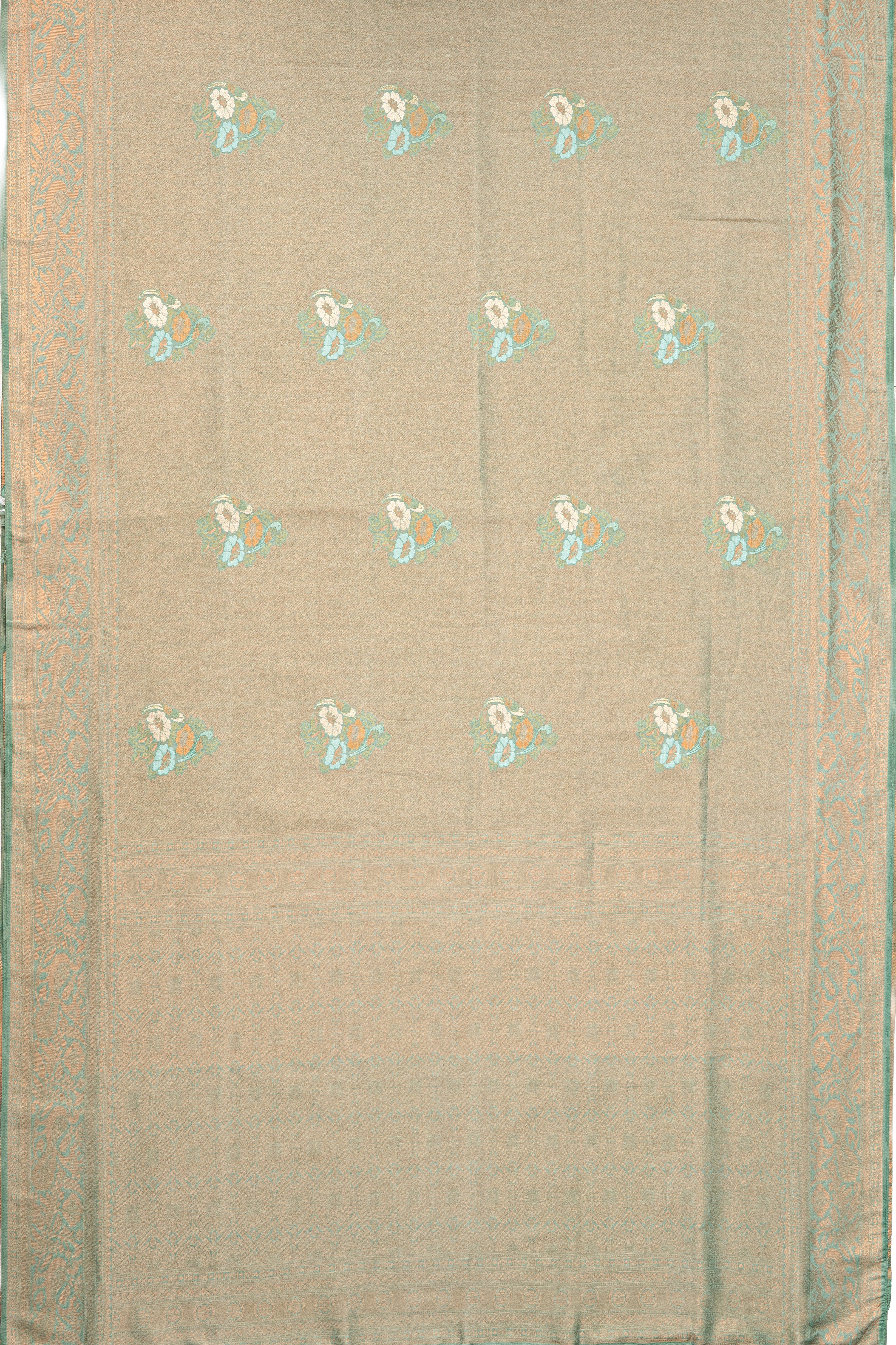 Dhoop Chaon Green and Copper Soft Silk Saree with Floral motifs