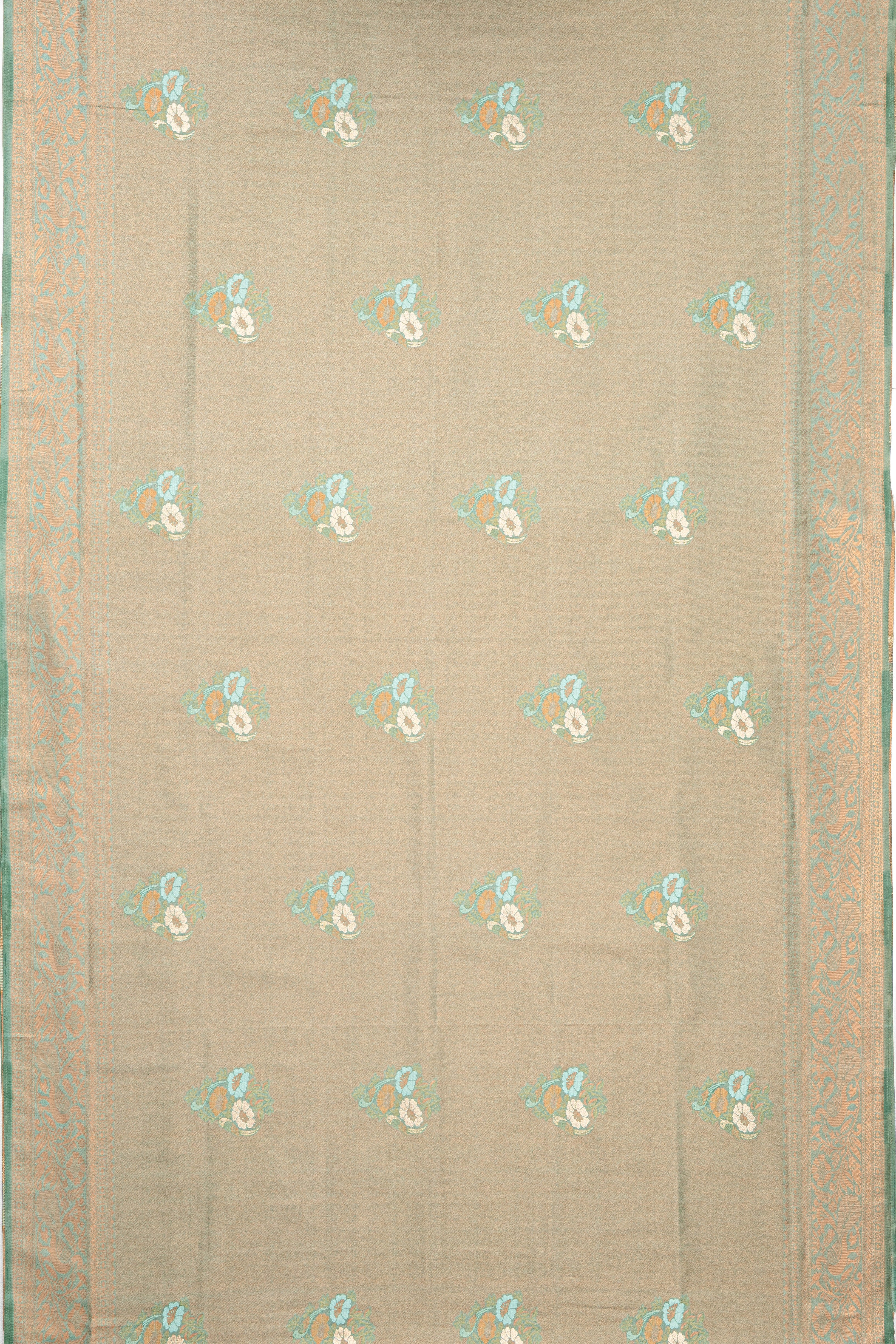 Dhoop Chaon Green and Copper Soft Silk Saree with Floral motifs