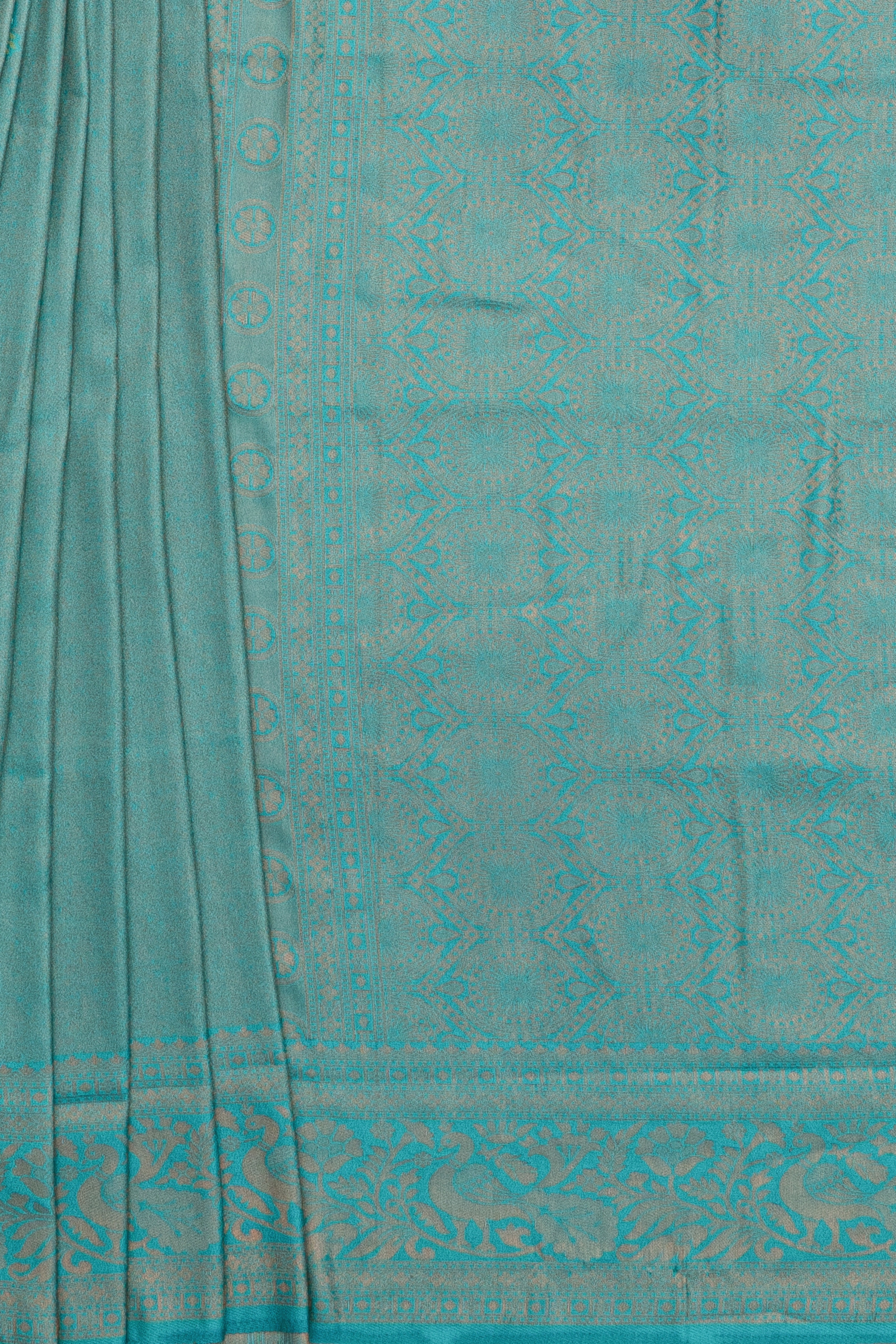 Sea Green Soft Silk Saree with Gold and Silver Zari Floral Motifs