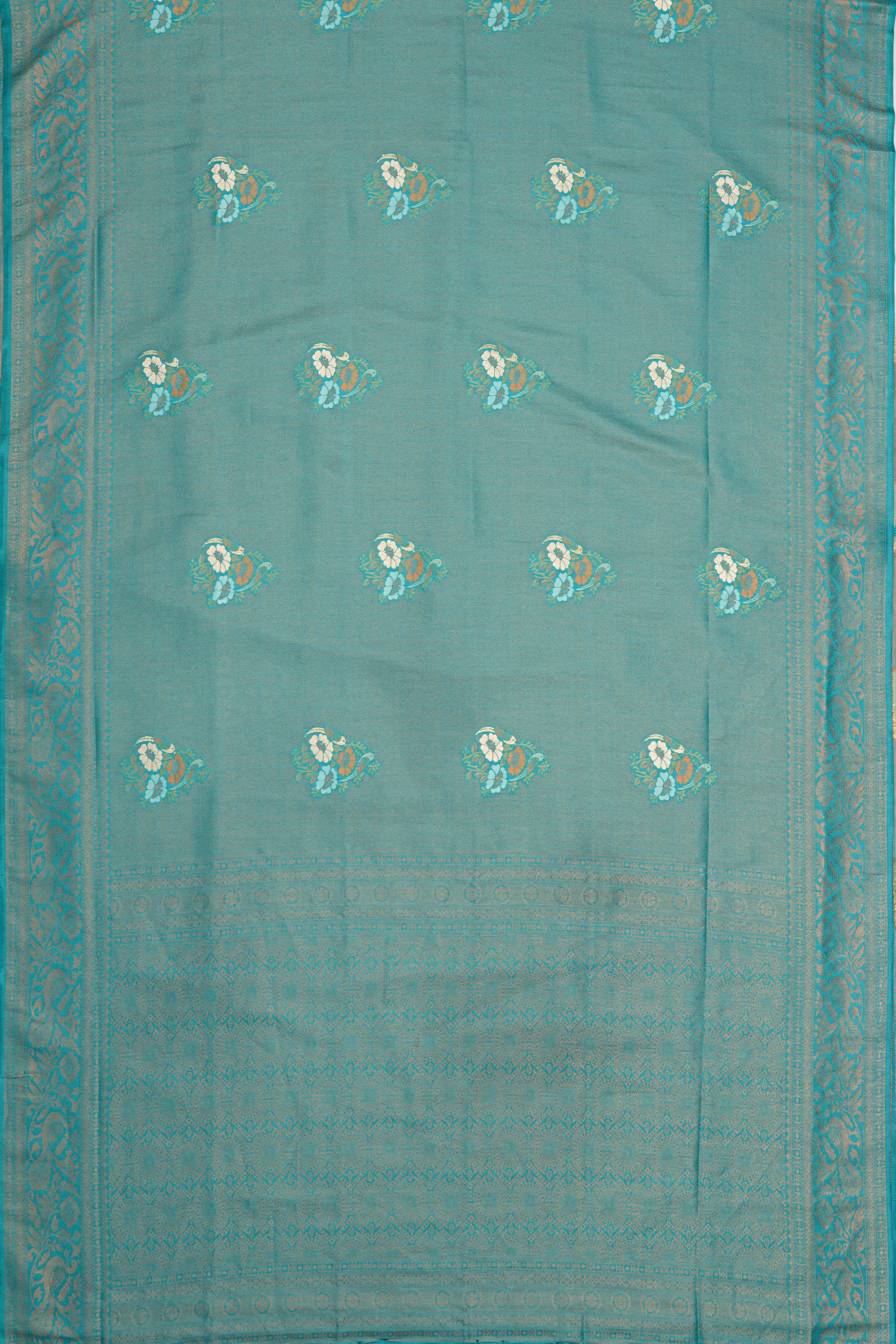Sea Green Soft Silk Saree with Gold and Silver Zari Floral Motifs