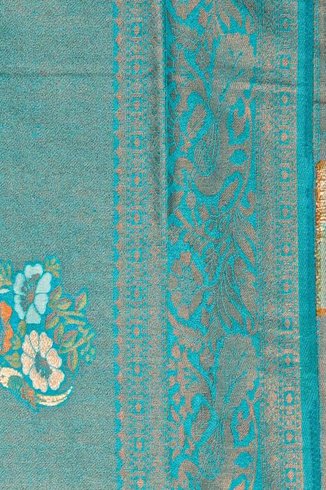 Sea Green Soft Silk Saree with Gold and Silver Zari Floral Motifs