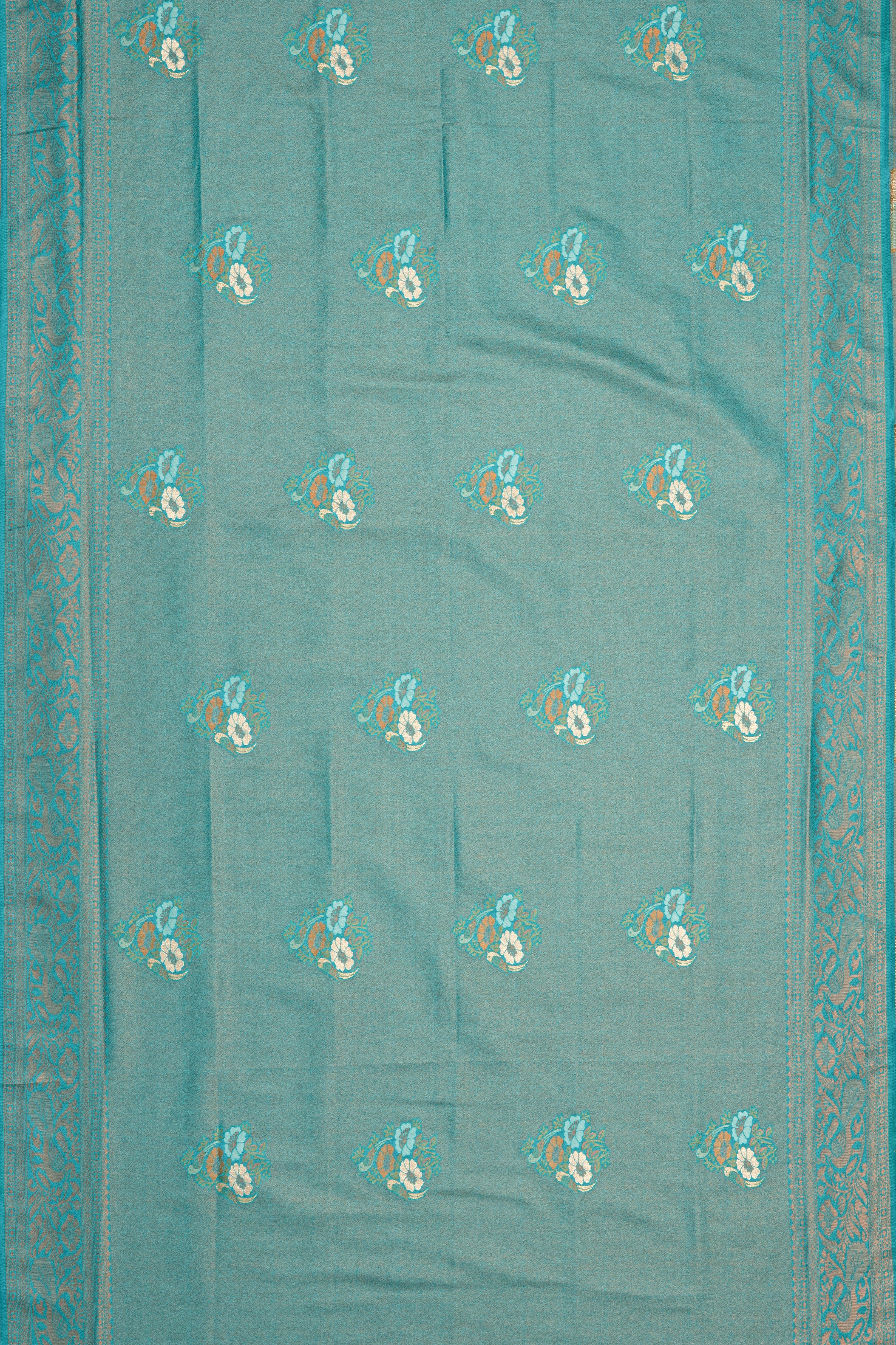 Sea Green Soft Silk Saree with Gold and Silver Zari Floral Motifs