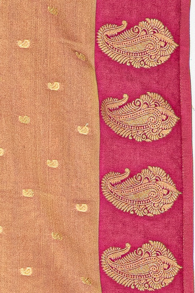 Peach Tissue Silk Saree with contrast Pink border