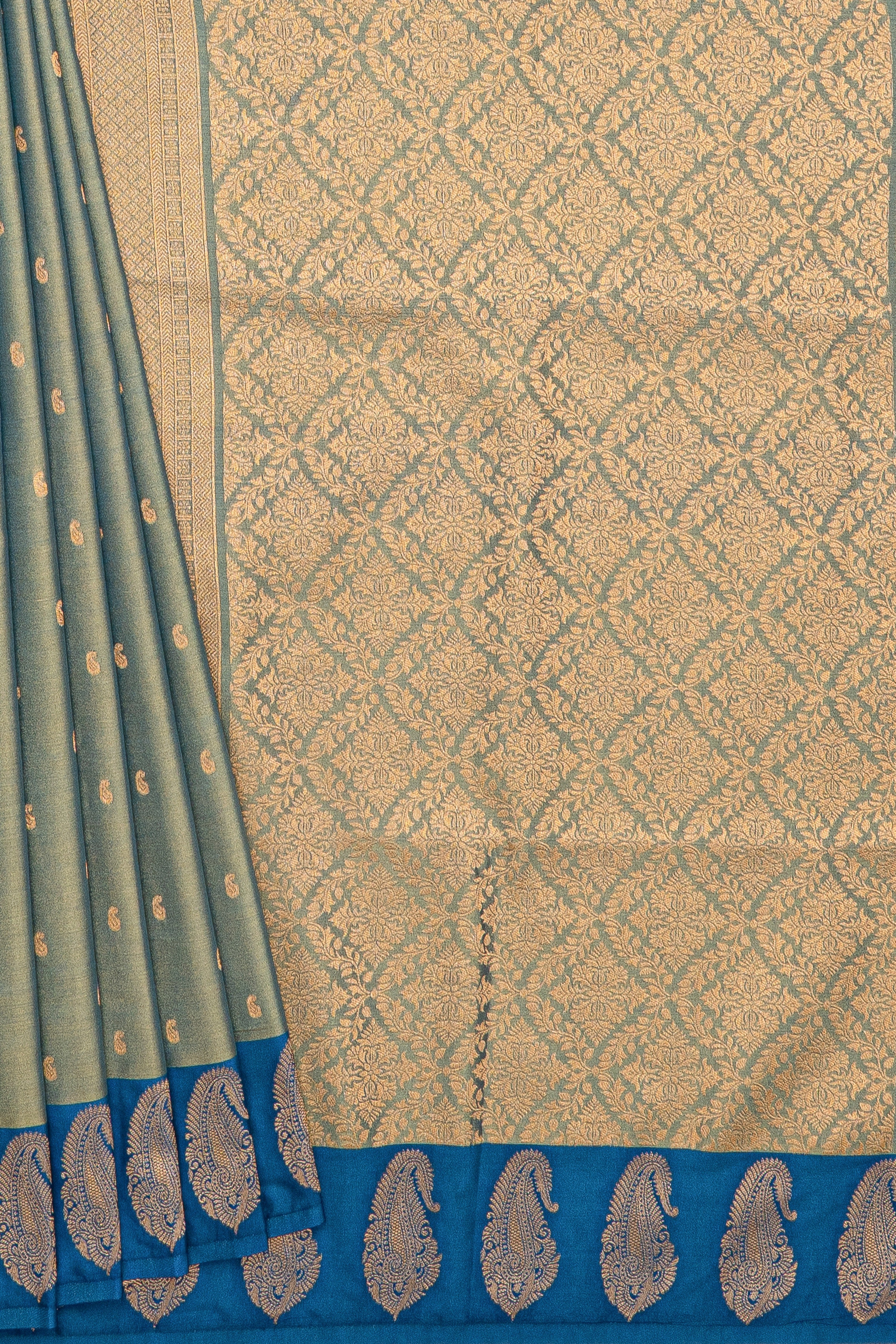 Sage Green Tissue Silk Saree with contrast Blue border