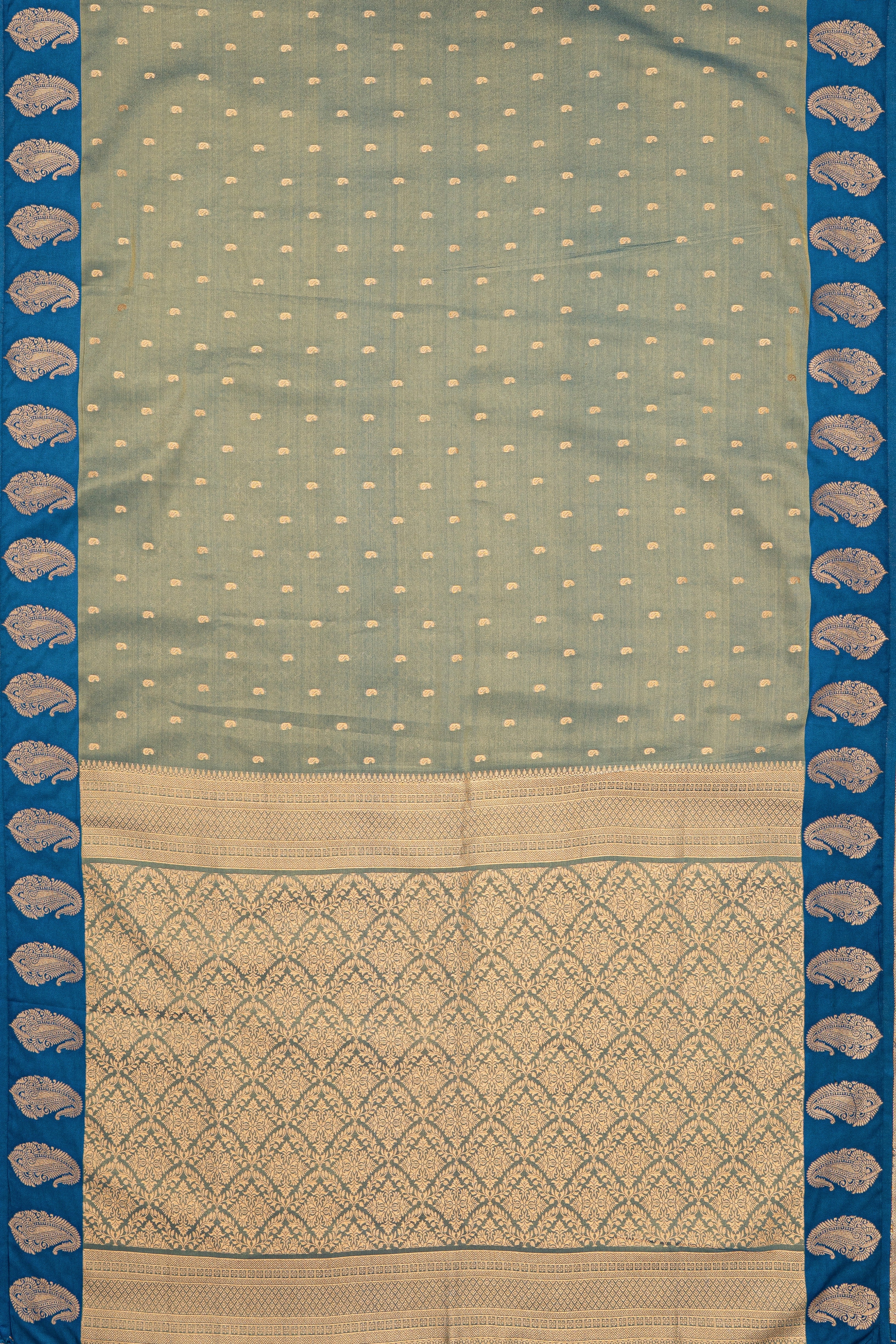 Sage Green Tissue Silk Saree with contrast Blue border