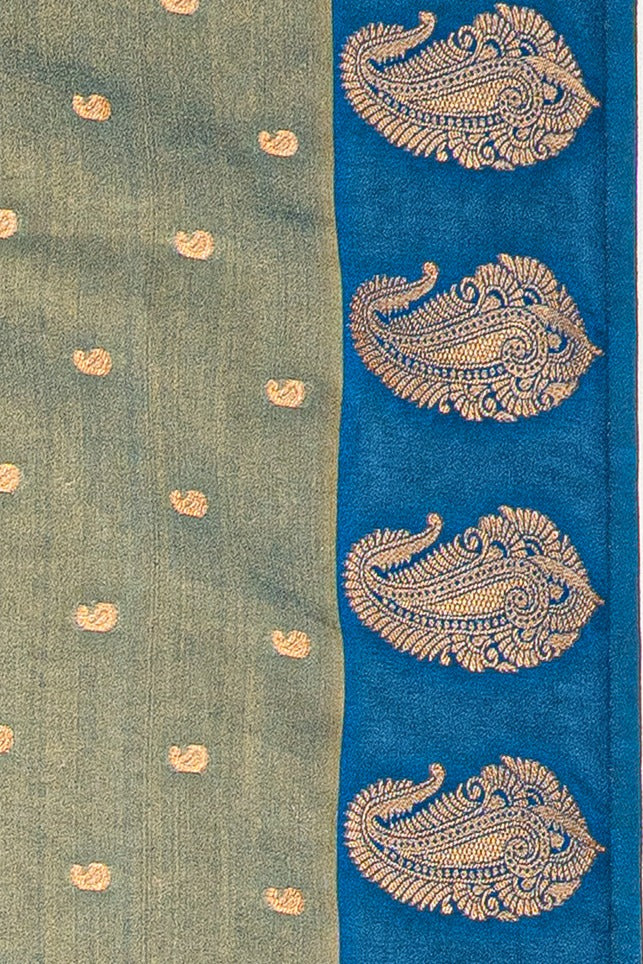 Sage Green Tissue Silk Saree with contrast Blue border
