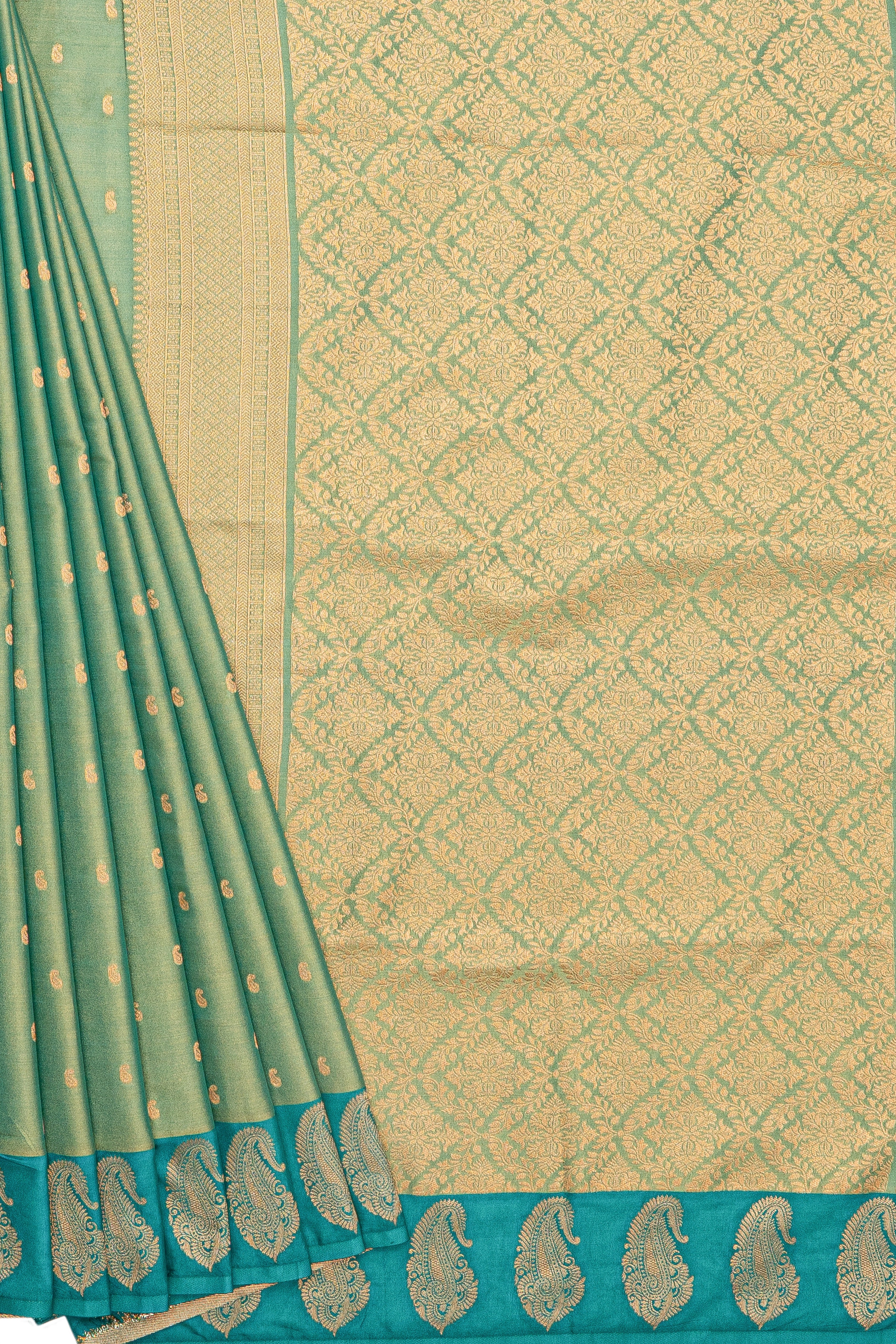 Green Tissue Silk Saree with contrast Rama Green border