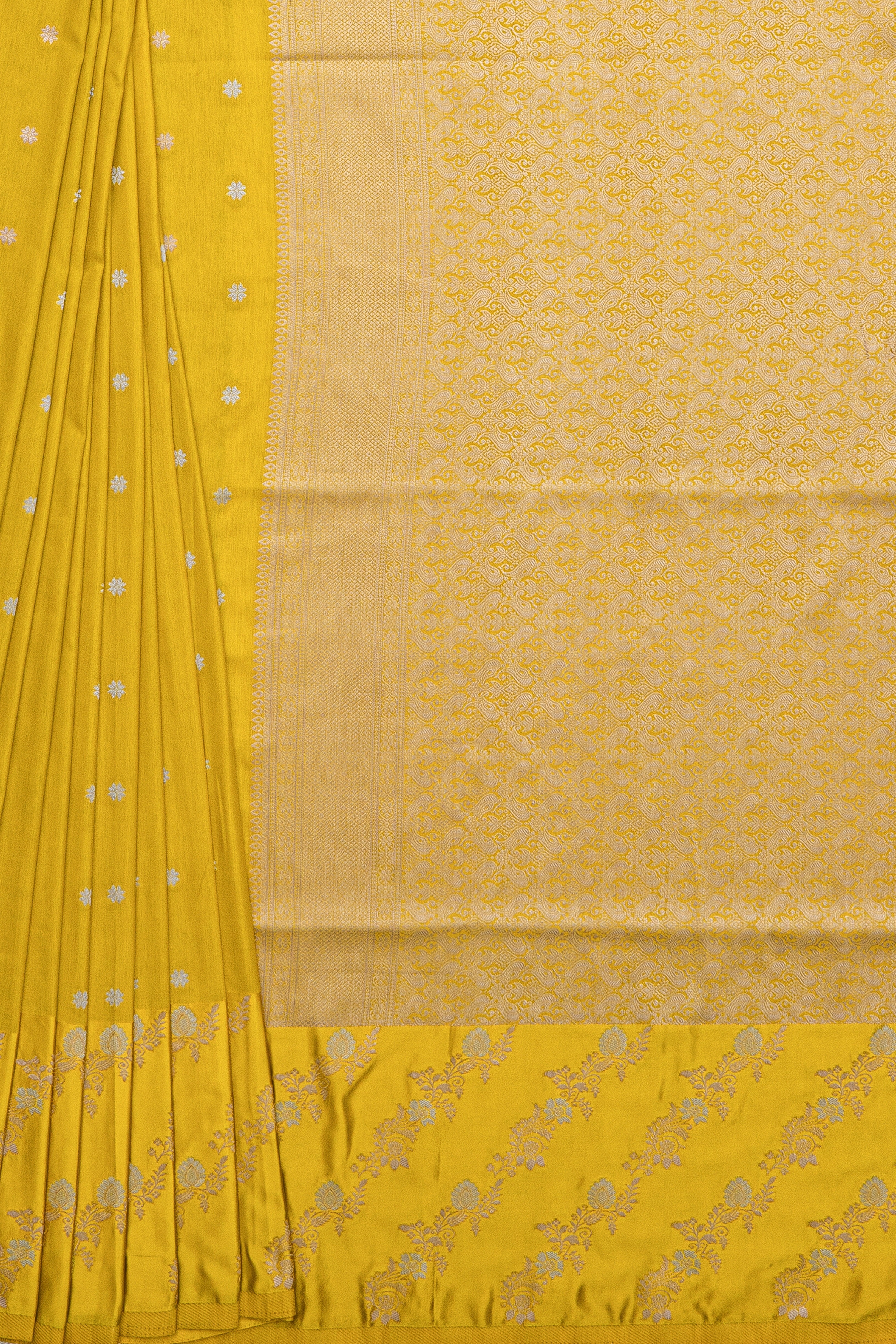 Yellow Katan Silk Saree with Leheriya Zariwork and Soft Silk border