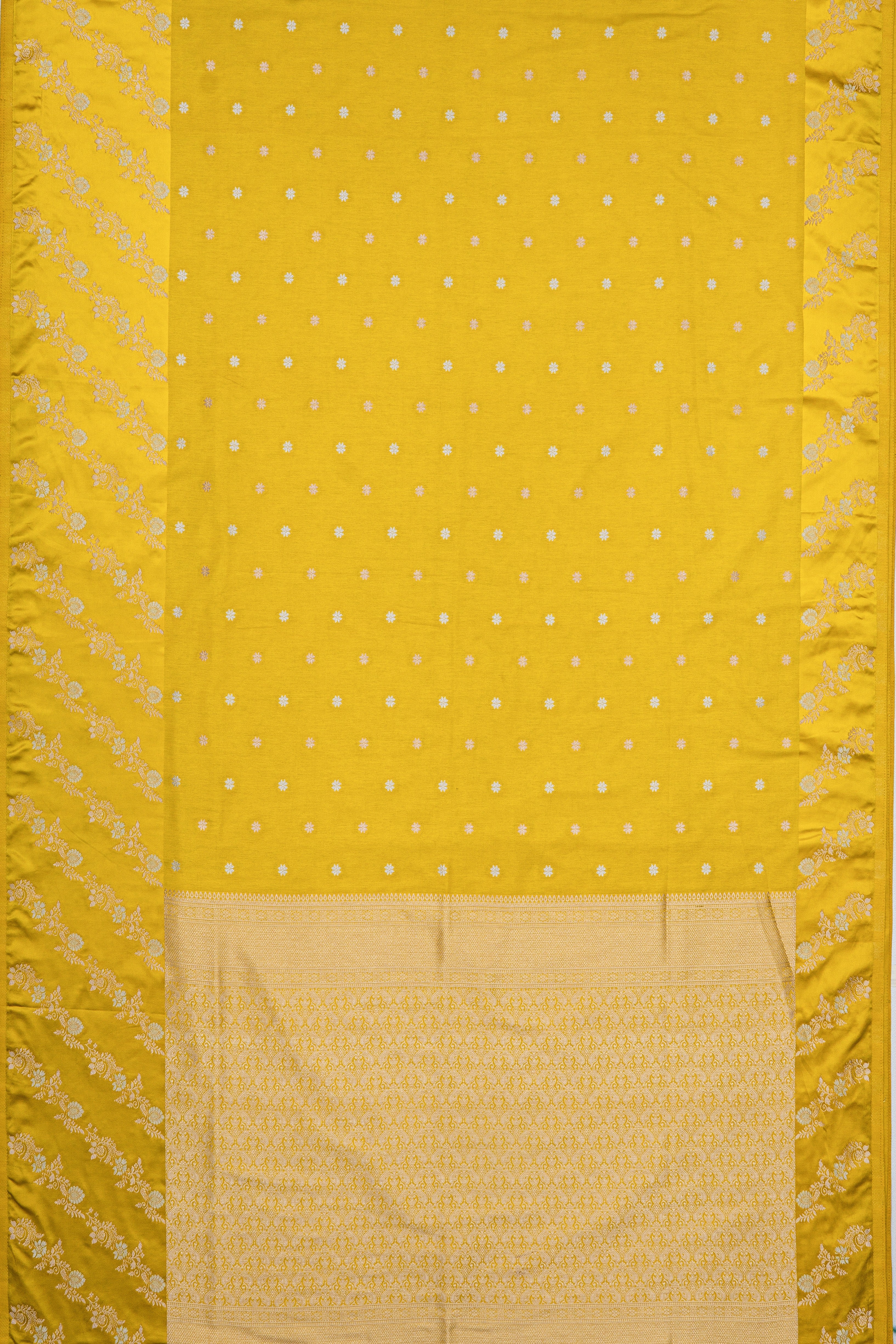 Yellow Katan Silk Saree with Leheriya Zariwork and Soft Silk border