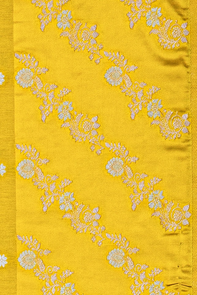 Yellow Katan Silk Saree with Leheriya Zariwork and Soft Silk border