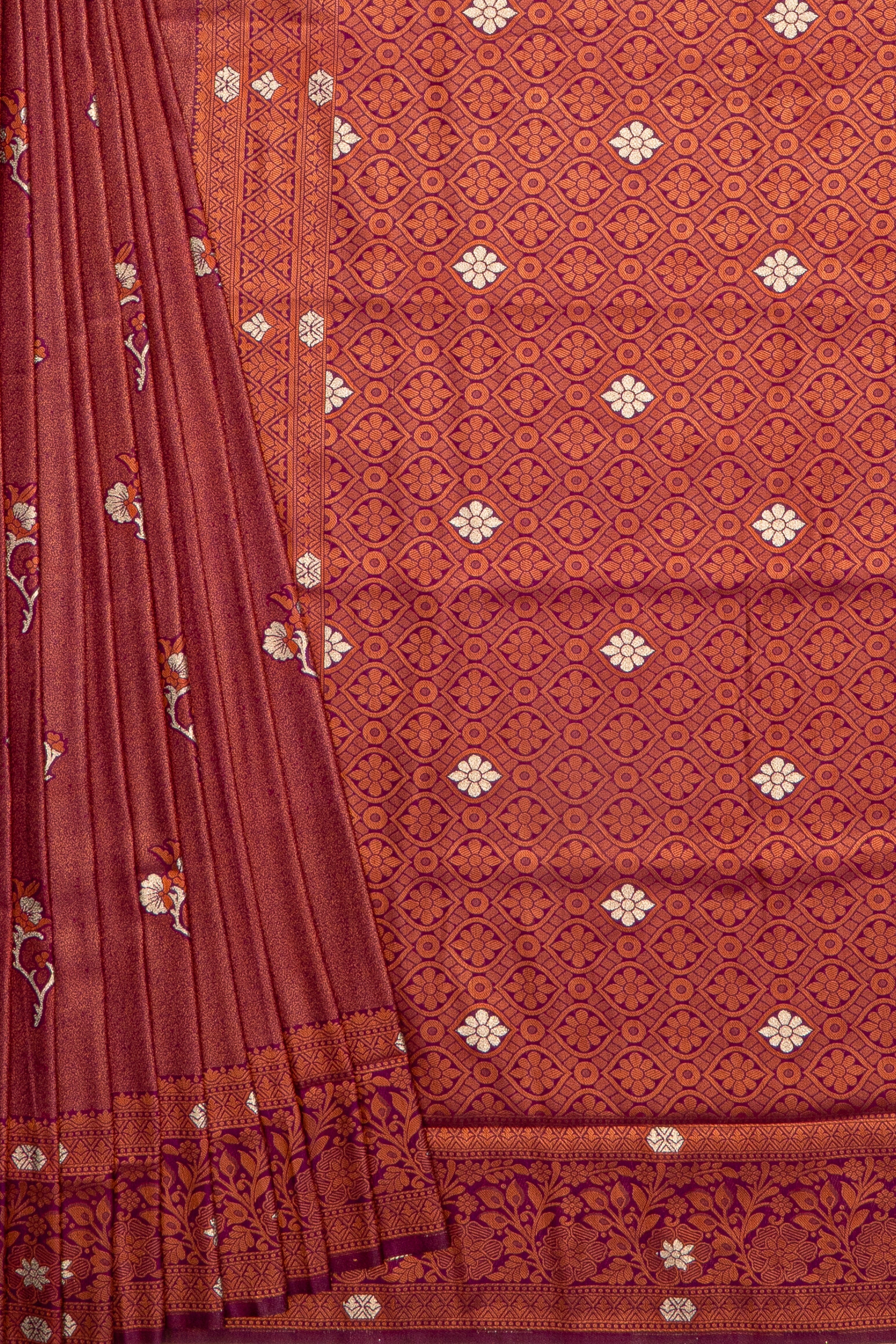 Dhoop Chaon Wine and Copper Soft Silk Saree with Gold and Silver Zari Floral motifs