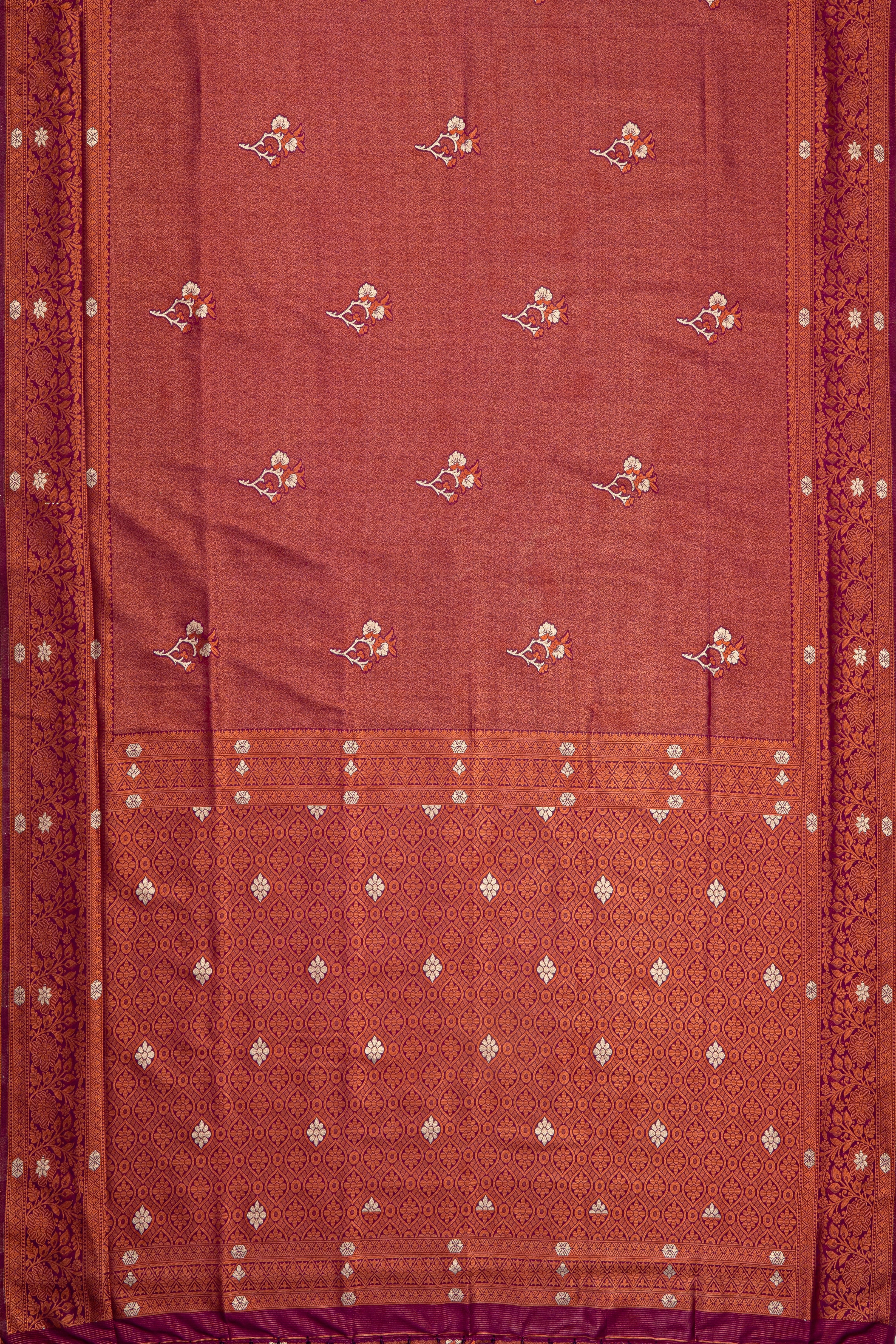 Dhoop Chaon Wine and Copper Soft Silk Saree with Gold and Silver Zari Floral motifs