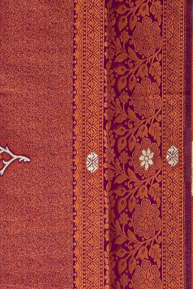Dhoop Chaon Wine and Copper Soft Silk Saree with Gold and Silver Zari Floral motifs