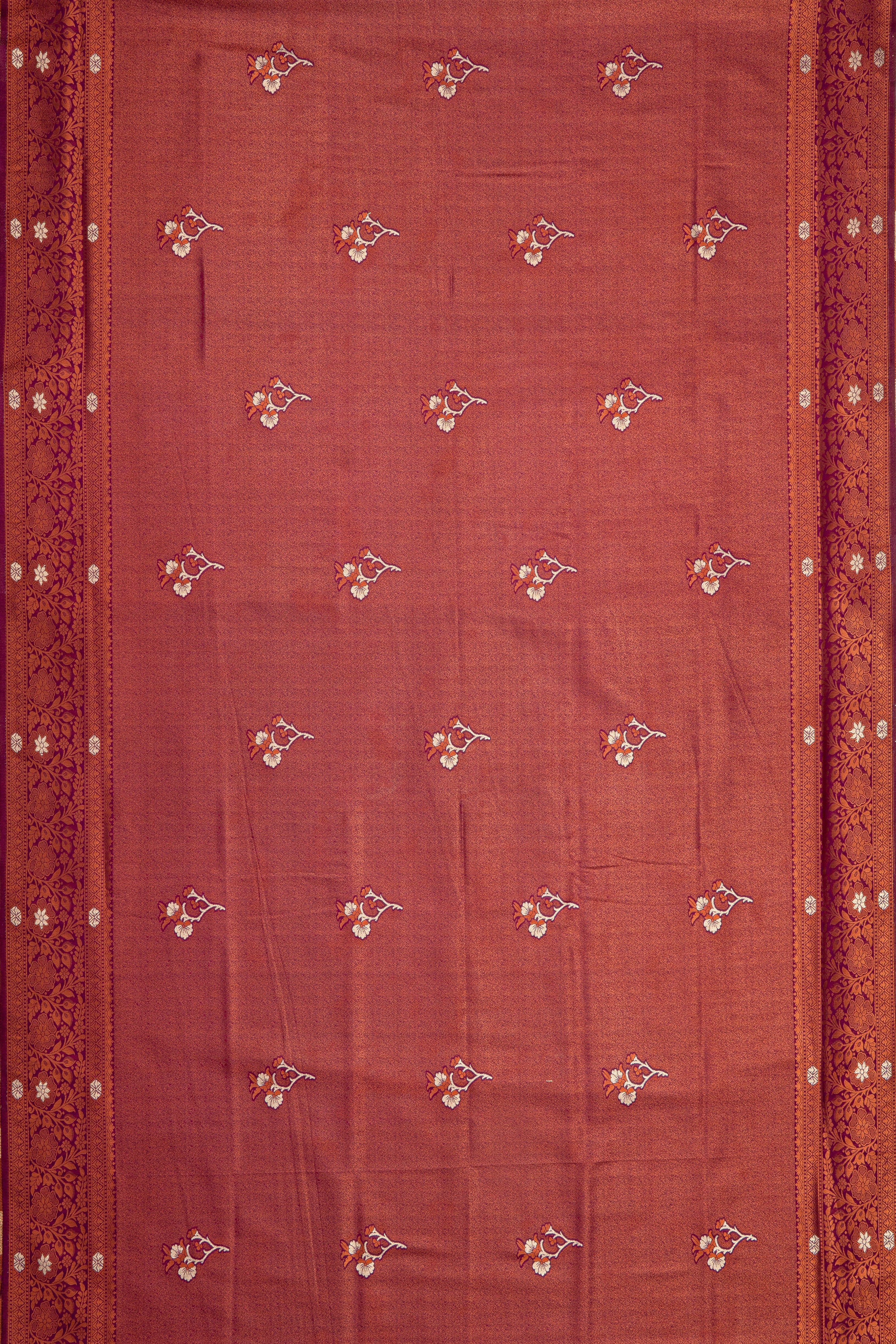 Dhoop Chaon Wine and Copper Soft Silk Saree with Gold and Silver Zari Floral motifs