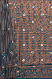 Dhoop Chaon Copper Blue Soft Silk Saree with Gold and Silver Floral motifs