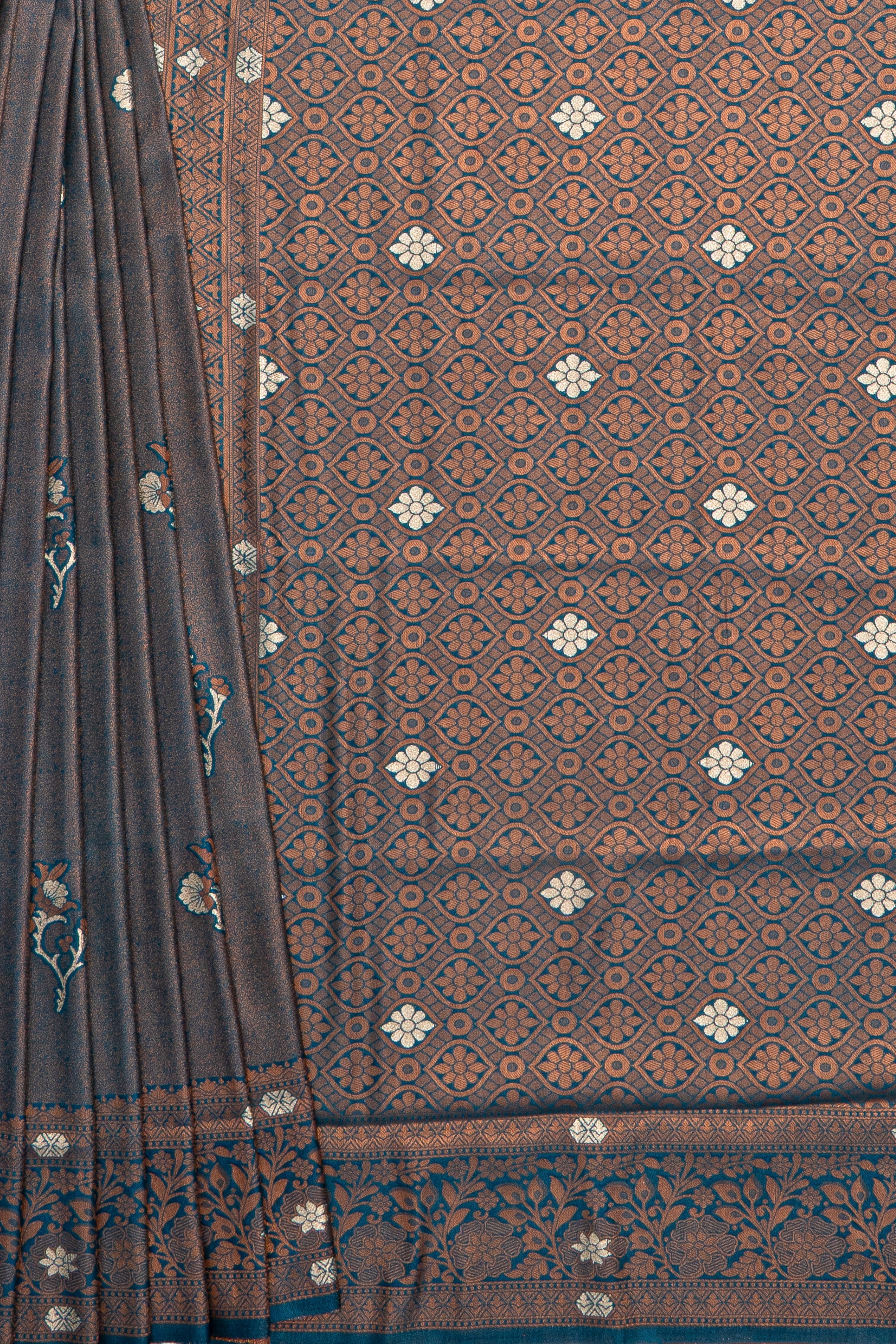 Dhoop Chaon Copper Blue Soft Silk Saree with Gold and Silver Floral motifs