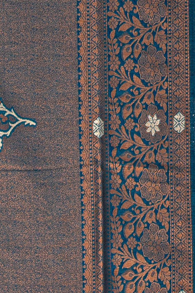 Dhoop Chaon Copper Blue Soft Silk Saree with Gold and Silver Floral motifs