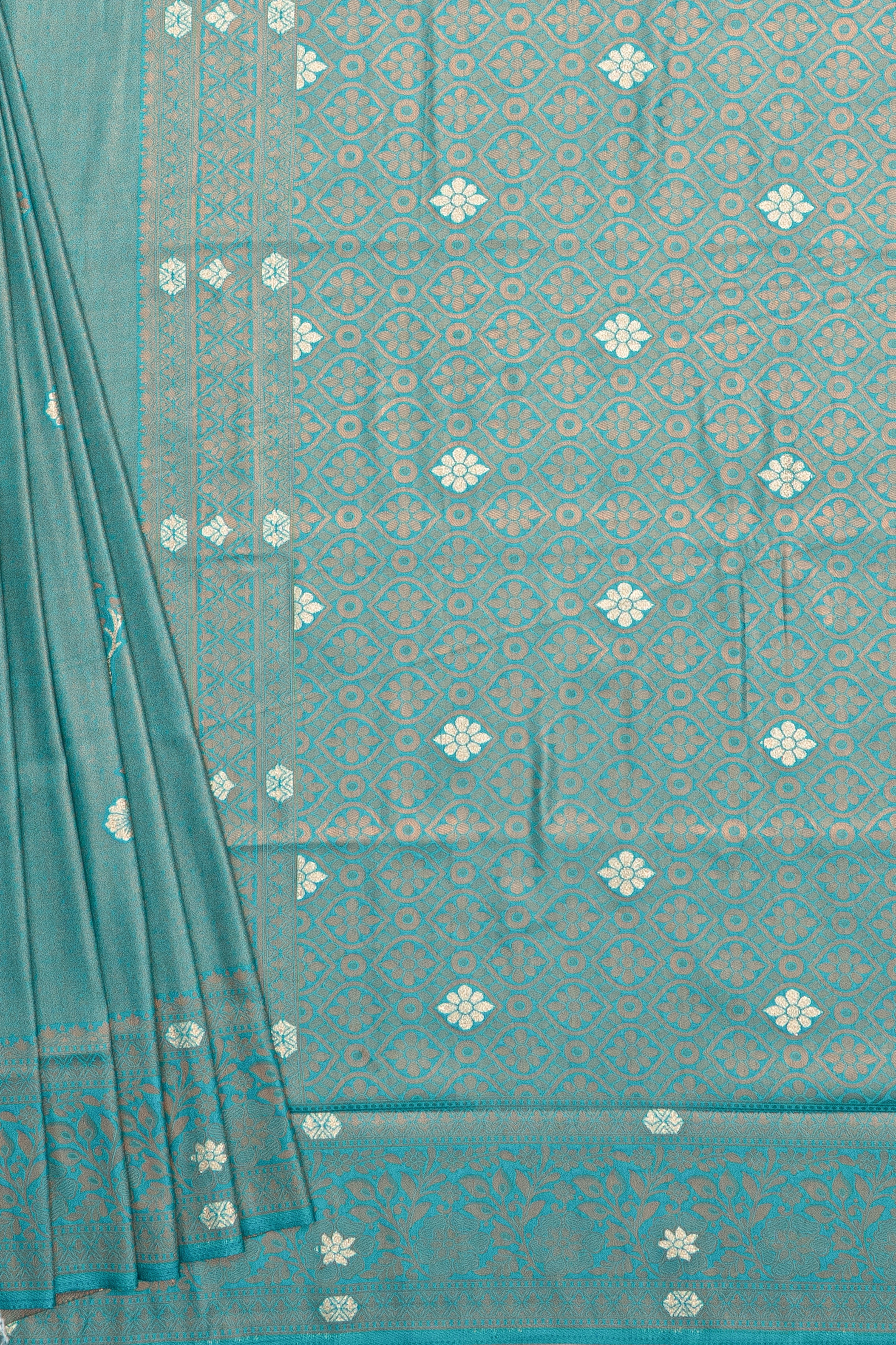 Sea Green Soft Silk Saree with Gold and Silver Zari Floral motifs