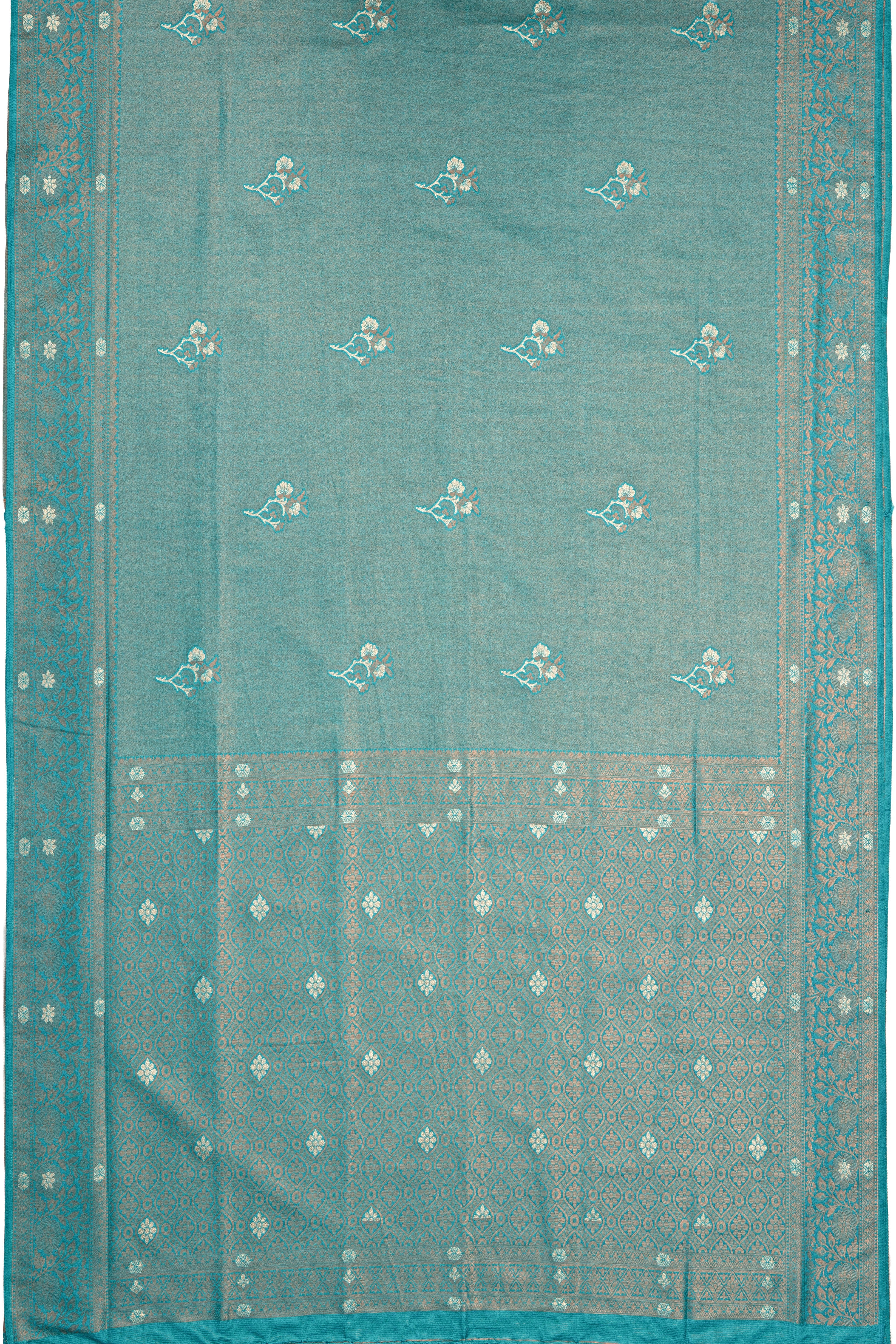 Sea Green Soft Silk Saree with Gold and Silver Zari Floral motifs