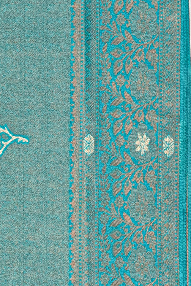 Sea Green Soft Silk Saree with Gold and Silver Zari Floral motifs