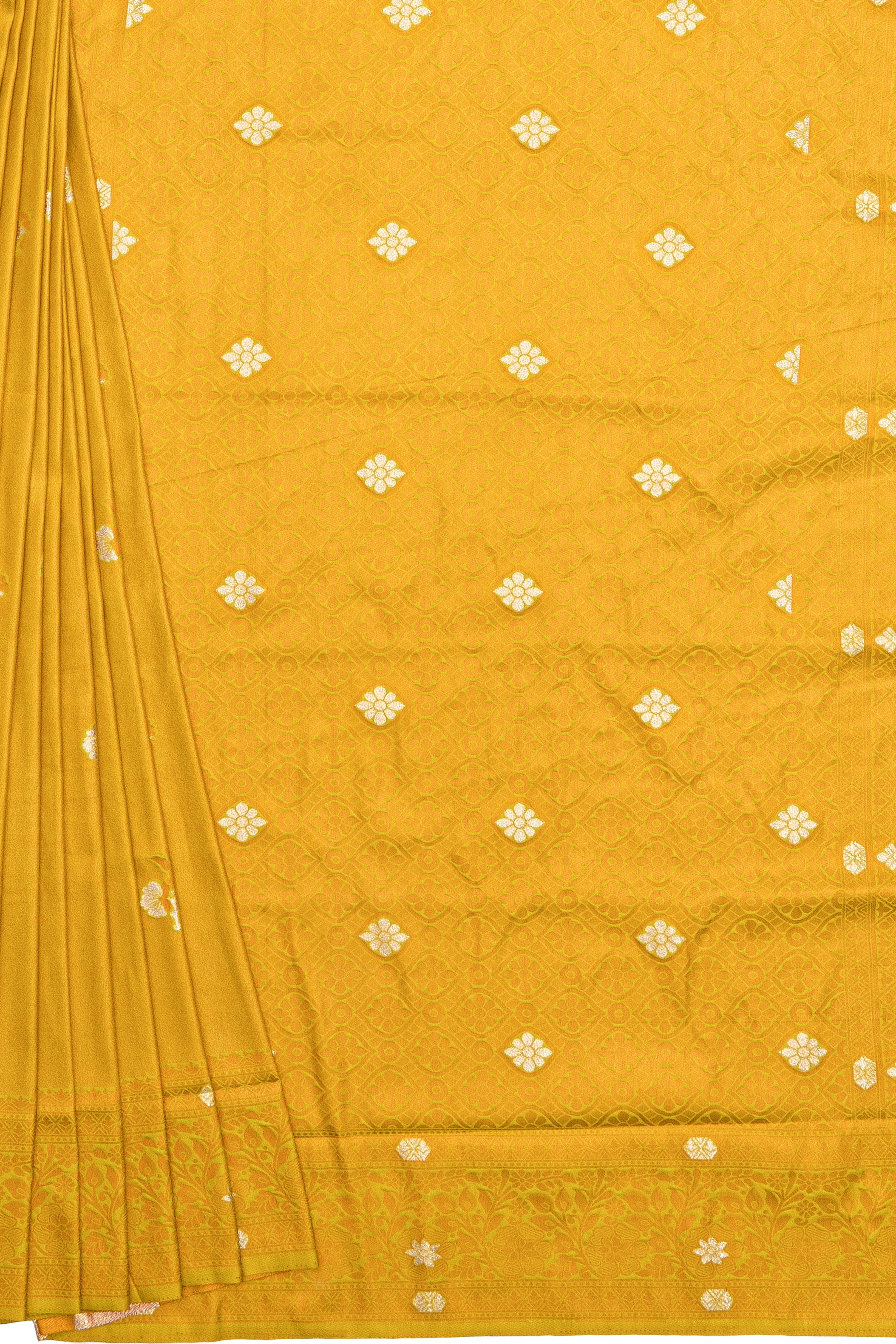 Sunflower Yellow Soft Silk Saree with Gold and Silver Floral motifs