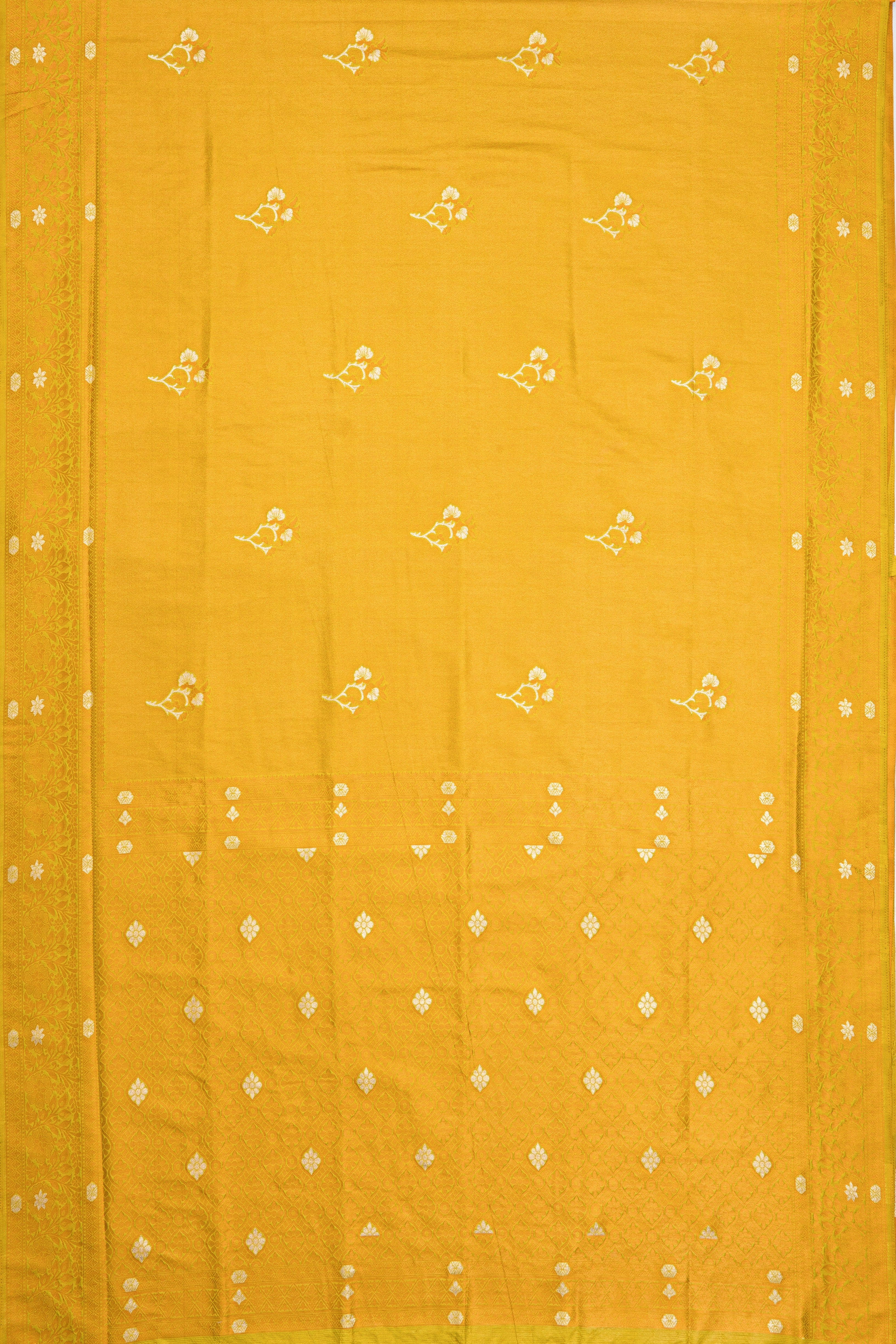 Sunflower Yellow Soft Silk Saree with Gold and Silver Floral motifs