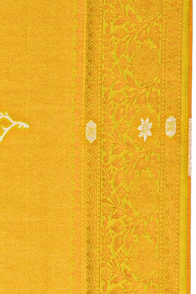 Sunflower Yellow Soft Silk Saree with Gold and Silver Floral motifs