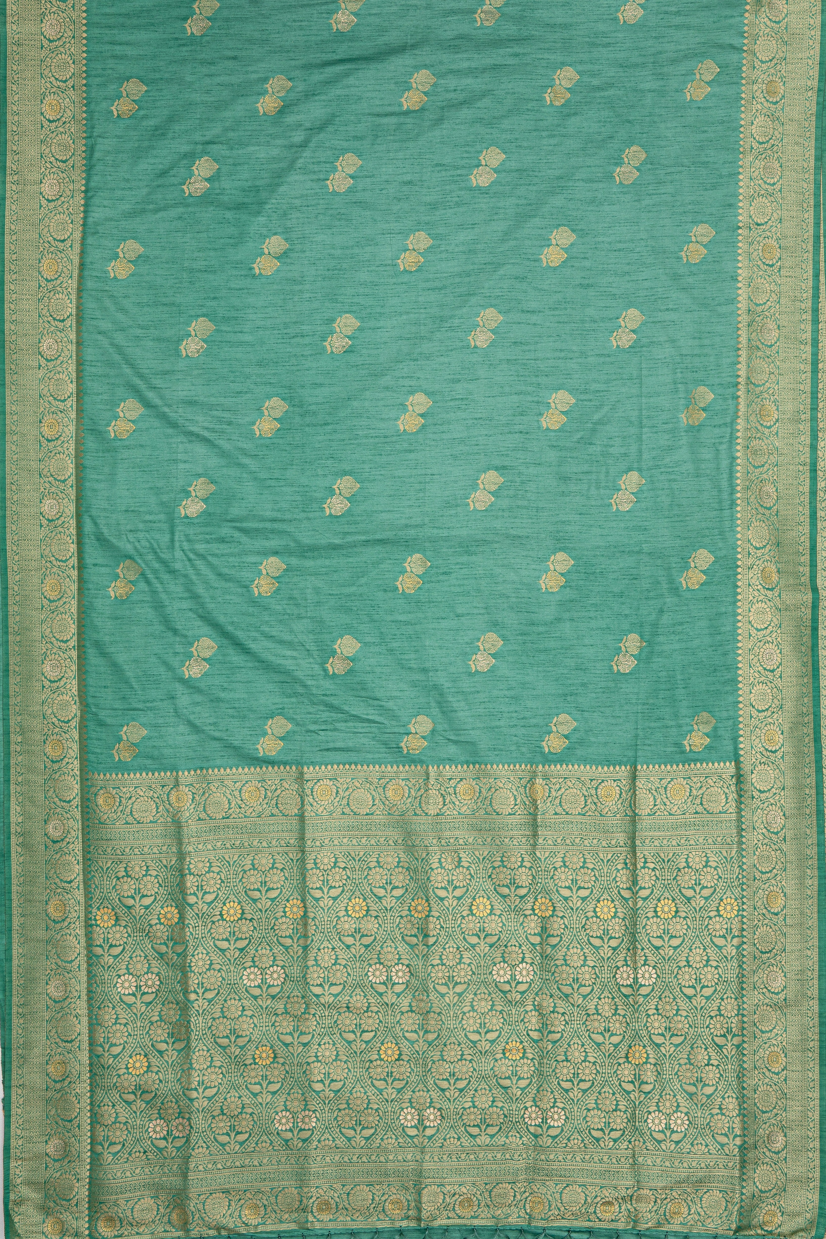 Sea Green Jute Silk Saree with Gold Zariwork