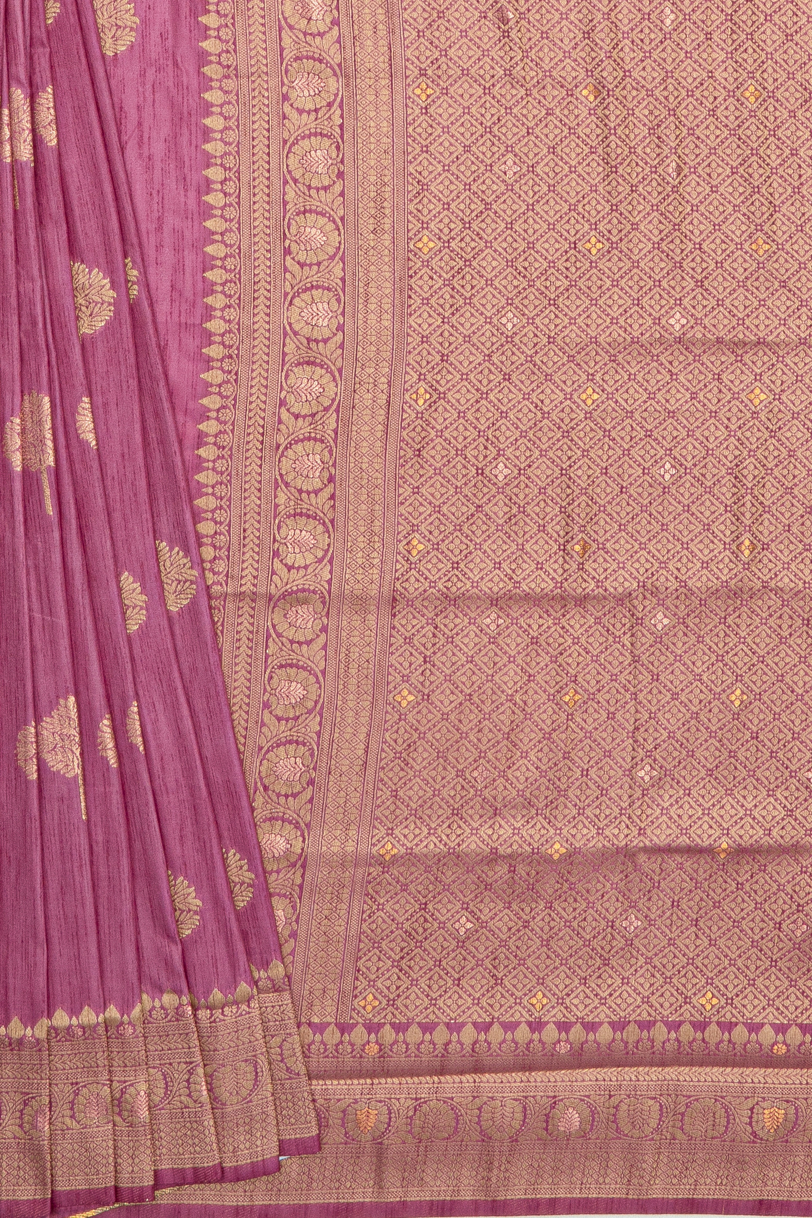 Dusty Rose Jute Silk Saree with Gold and Copper Zariwork