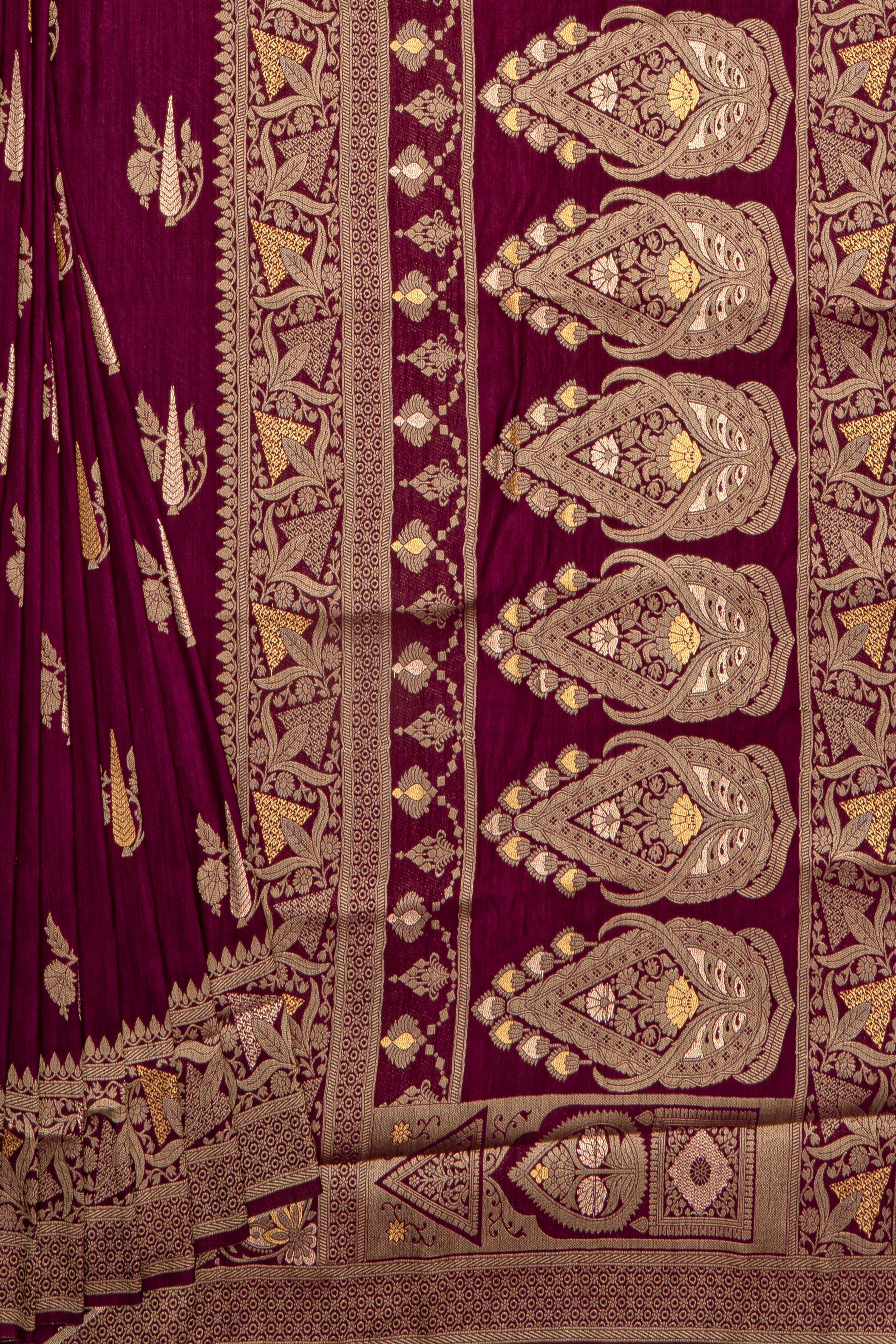 Wine Jute Silk Saree with Gold and Copper Zariwork