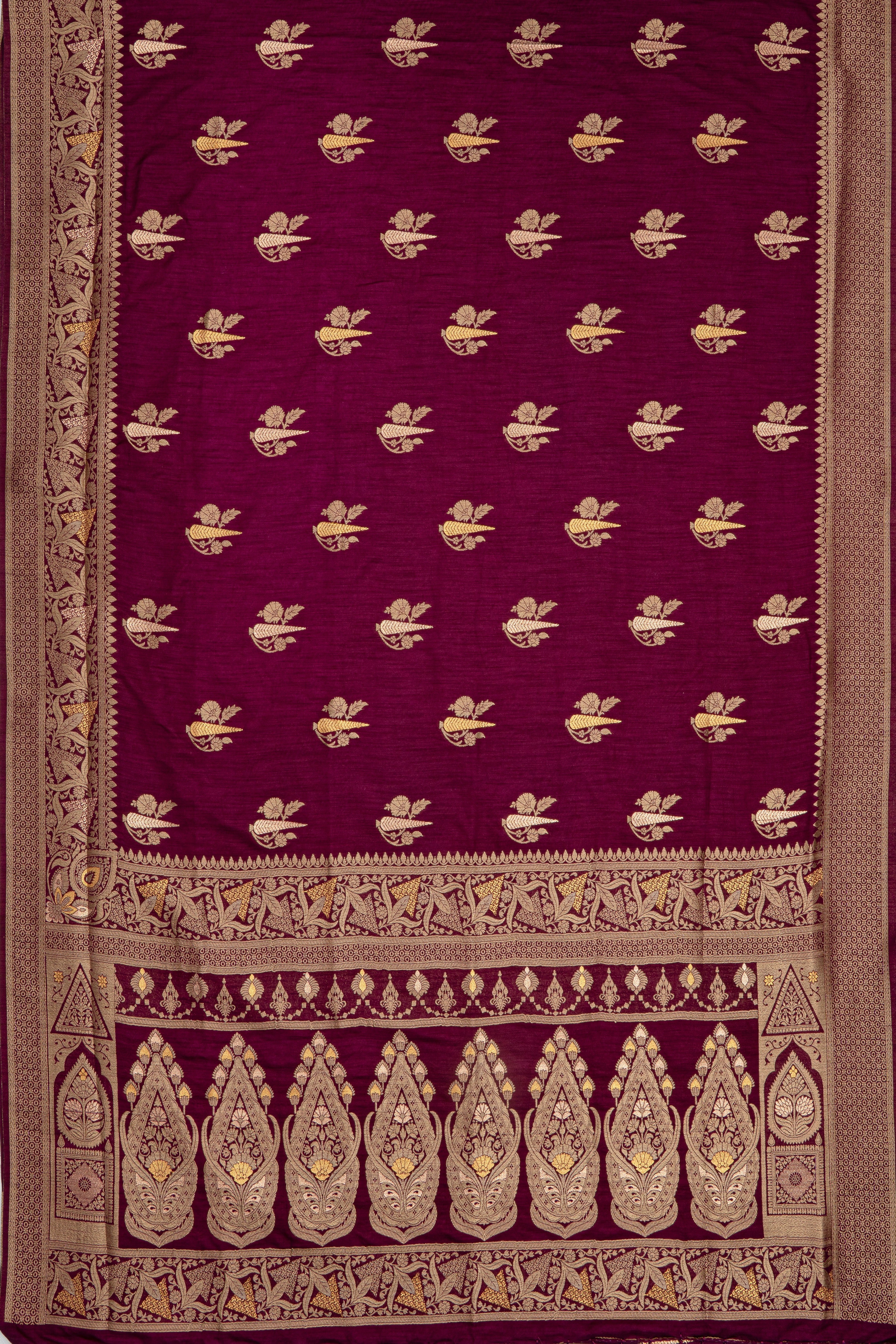 Wine Jute Silk Saree with Gold and Copper Zariwork
